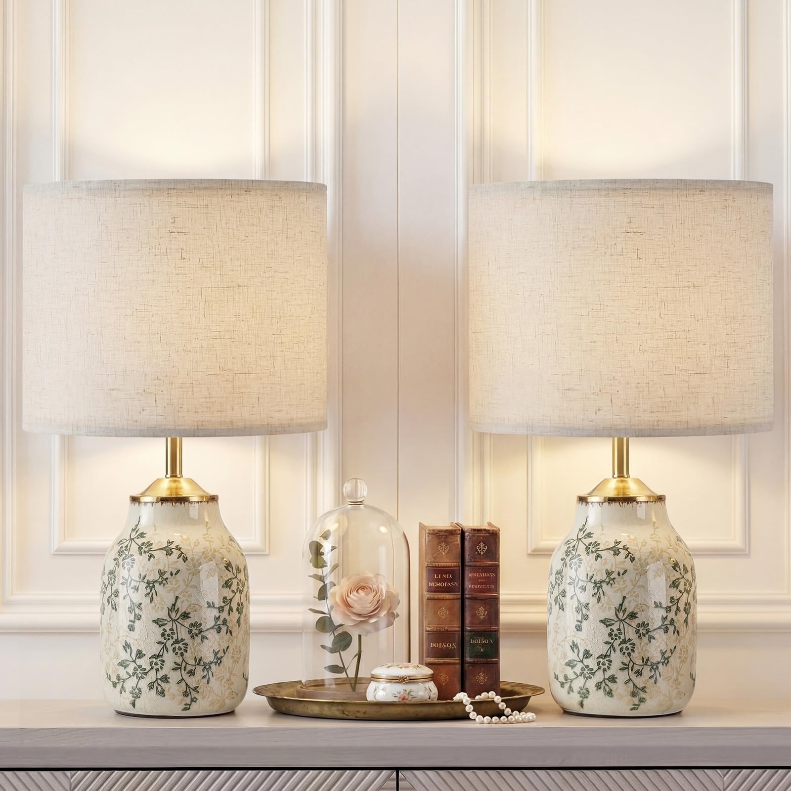 Tellingyou 2 Pcs 19 Vintage Green Ceramic Lamp with Beige Linen Shade Farmhouse Modern Table Lamp Ice Cracked Rose Floral for Be