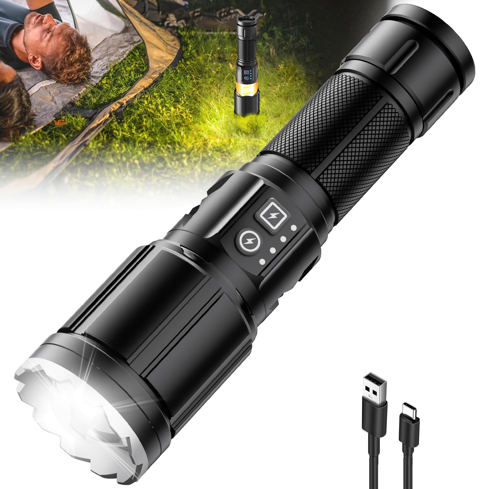 Tepreswes Rechargeable Flashlight 1000 Lumens, 8 Modes, Aluminum, Black, Model K3, Camping Lanterns for Outdoor Emergency