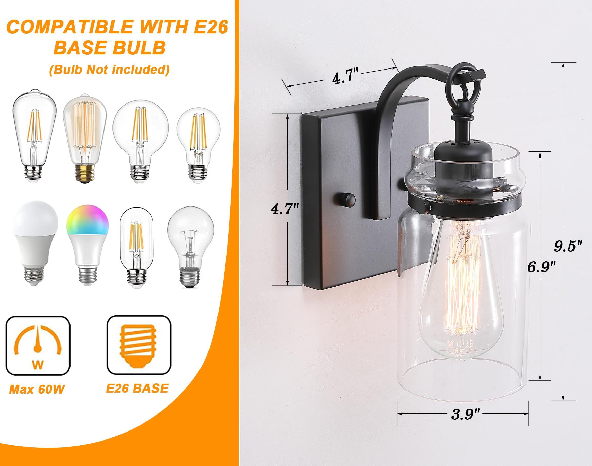 Winsmart Black Wall Sconces Set Of Two, Black Sconces Wall Lighting Fixtures With Clear Glass Indoor 1-Light Bathroom Wall Sconc