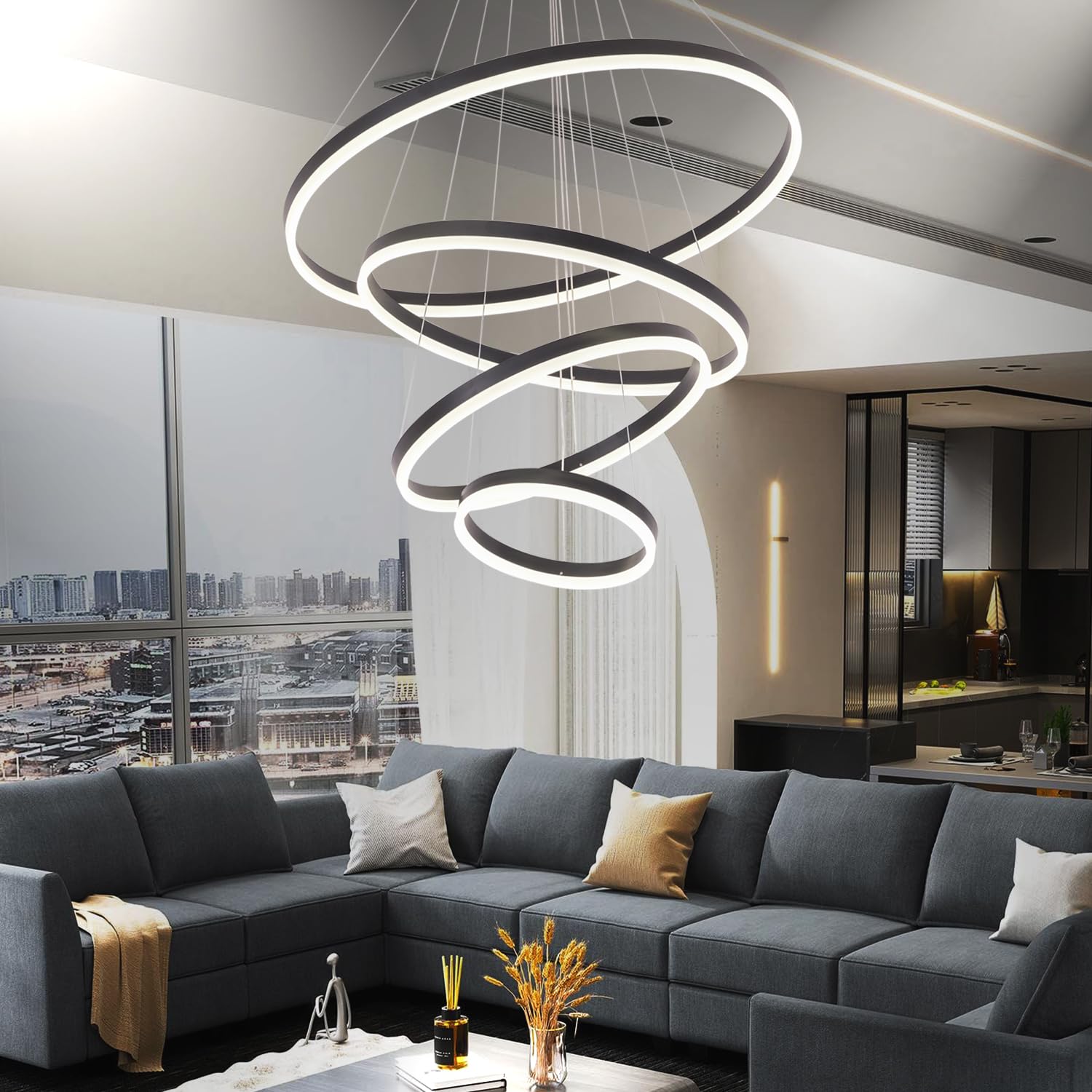Embring Led Chandelier,4 Ring Chandelier Modern Led Pendant Light,Dimmable Black Modern Chandelier For Dining Room,Luxury High Ceiling Chandelier For Entryway,D31.5 Large Staircase Chandelier