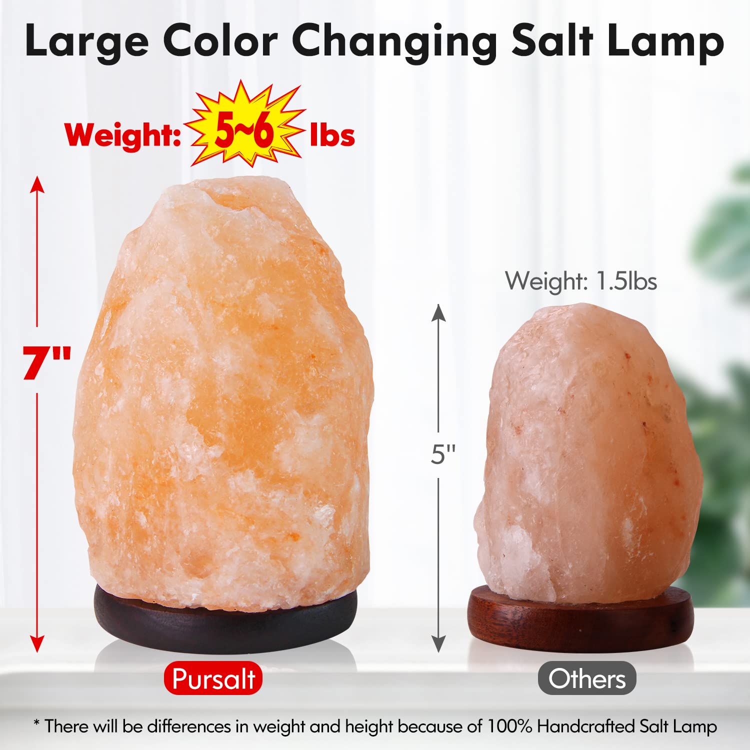 pursalt Himalayan Salt Lamp 7" (5-6 lbs) with Remote Control, 16 Color Options, Natural Crystal Pink for Home Decor