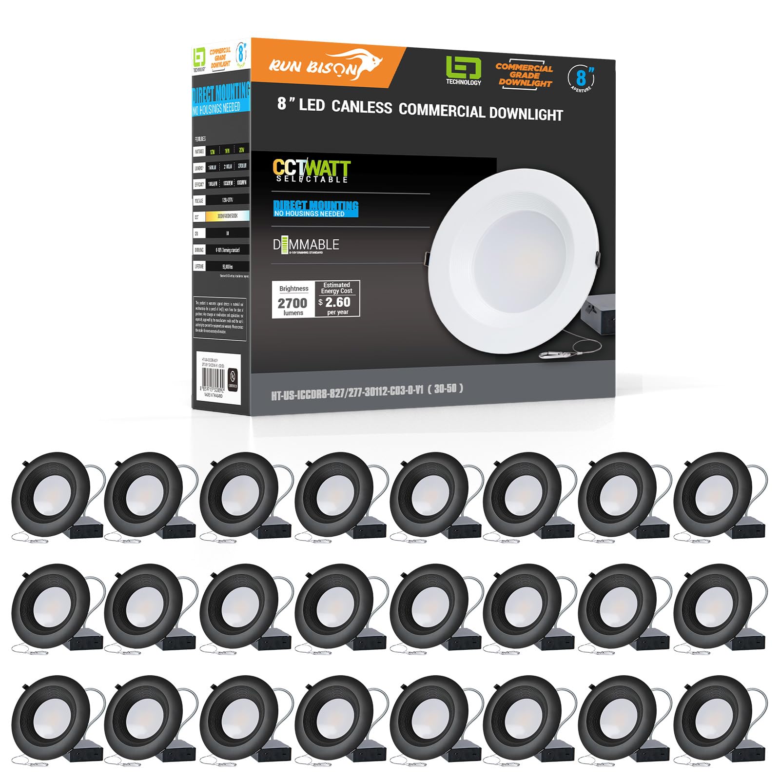Run Bison 8 Inch Commercial Recessed Light with J-Box,120-277V,16/21/27W Adjustable,3CCT Selectable 3000K-5000K,0-10V Dimmable,C