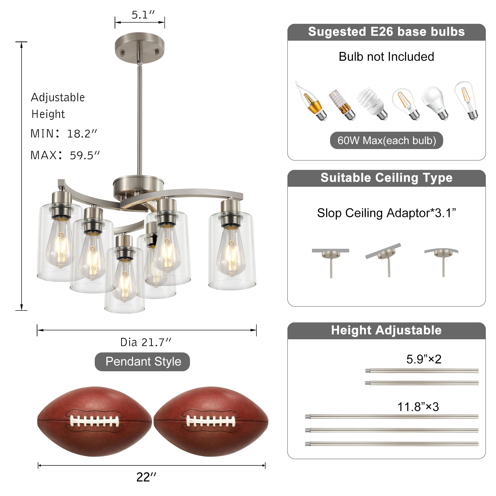 Sigaitwei 6-Light Brushed Nickel Chandelier, 21.7" Metal Pendant Light Fixture for Dining Room, Kitchen Island, Downward Clear Glass Shade