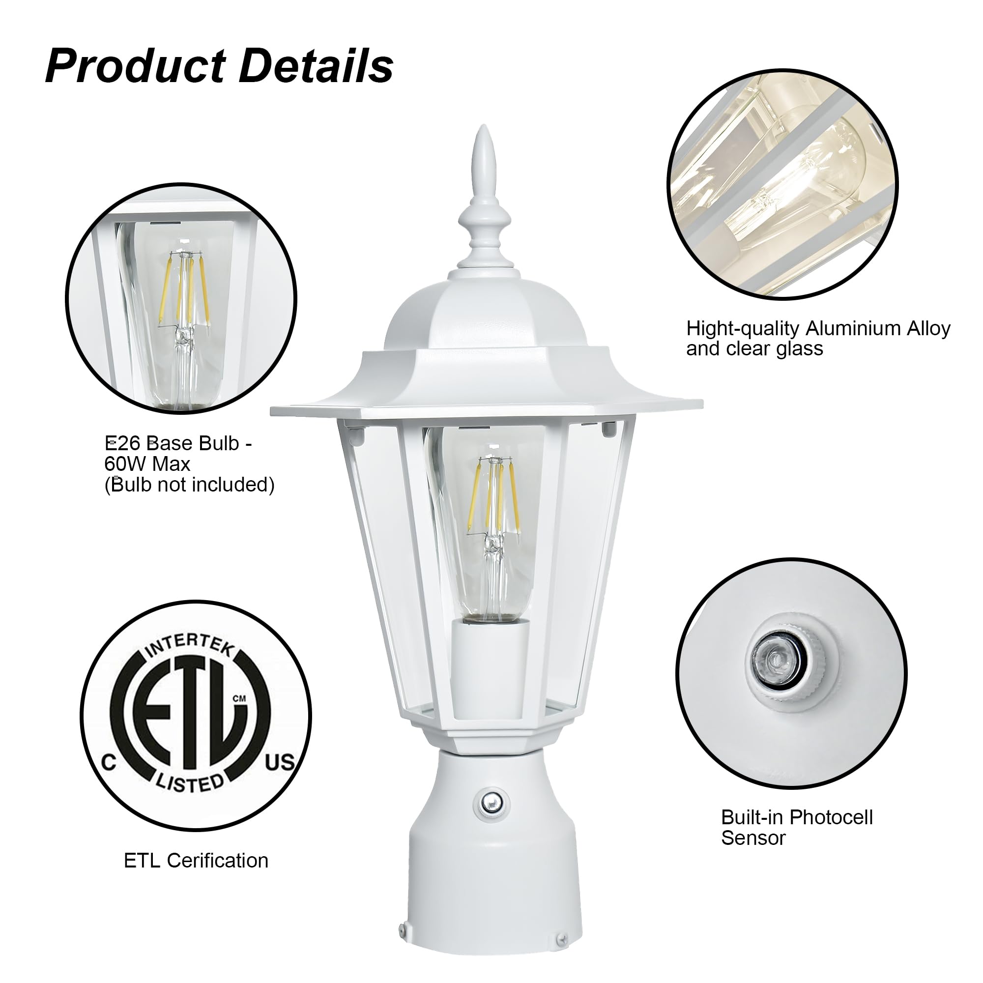 Outdoor Post Lights Dusk To Dawn, Lamp Post Light Fixture With E26 Socket, White Exterior Post Lantern With Clear Glass Shade, P