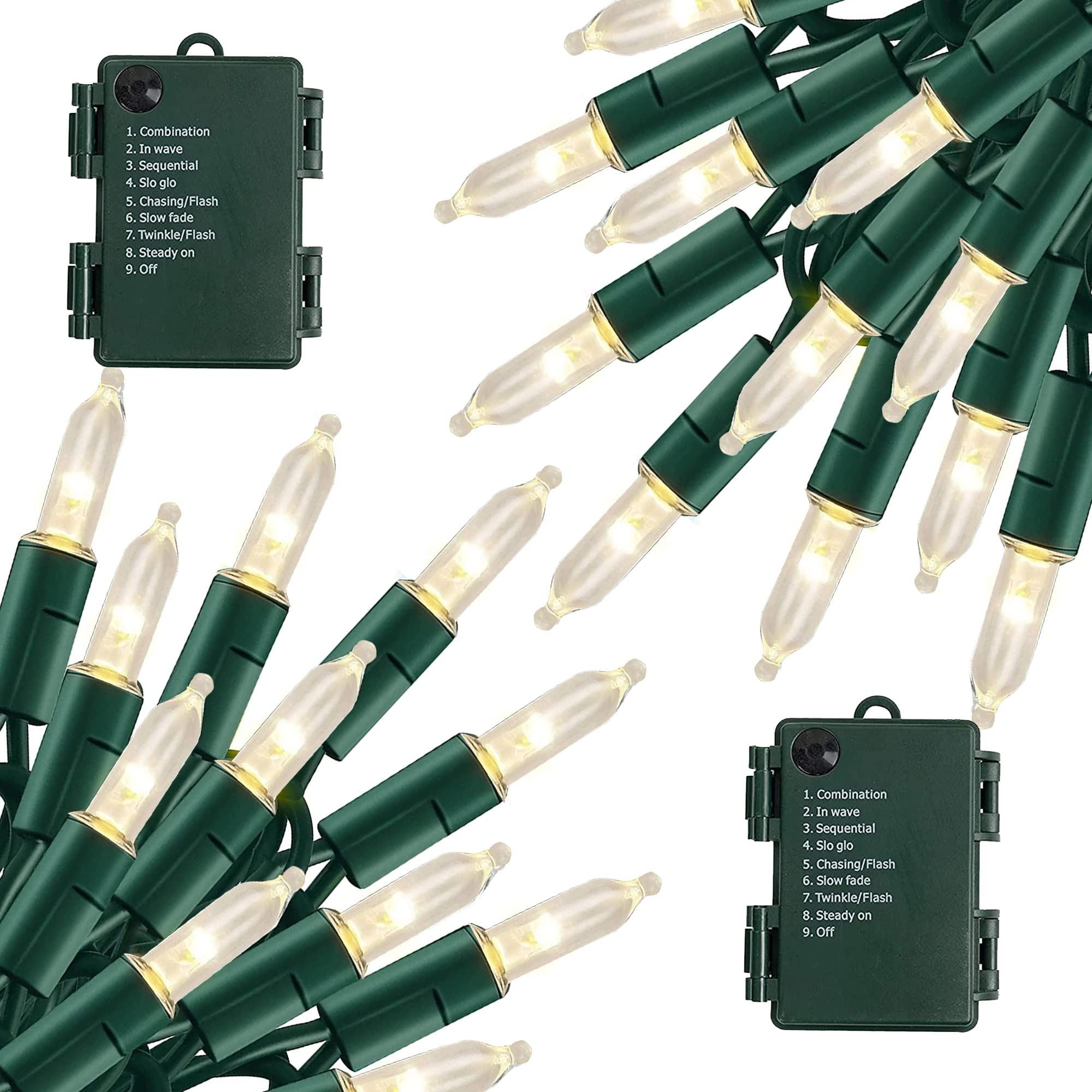 TW SHINE Battery Operated Christmas Lights, 100 LED, 32 FT, 8 Modes, 2 Pack, Warm White, Model ZF-100-2/SB