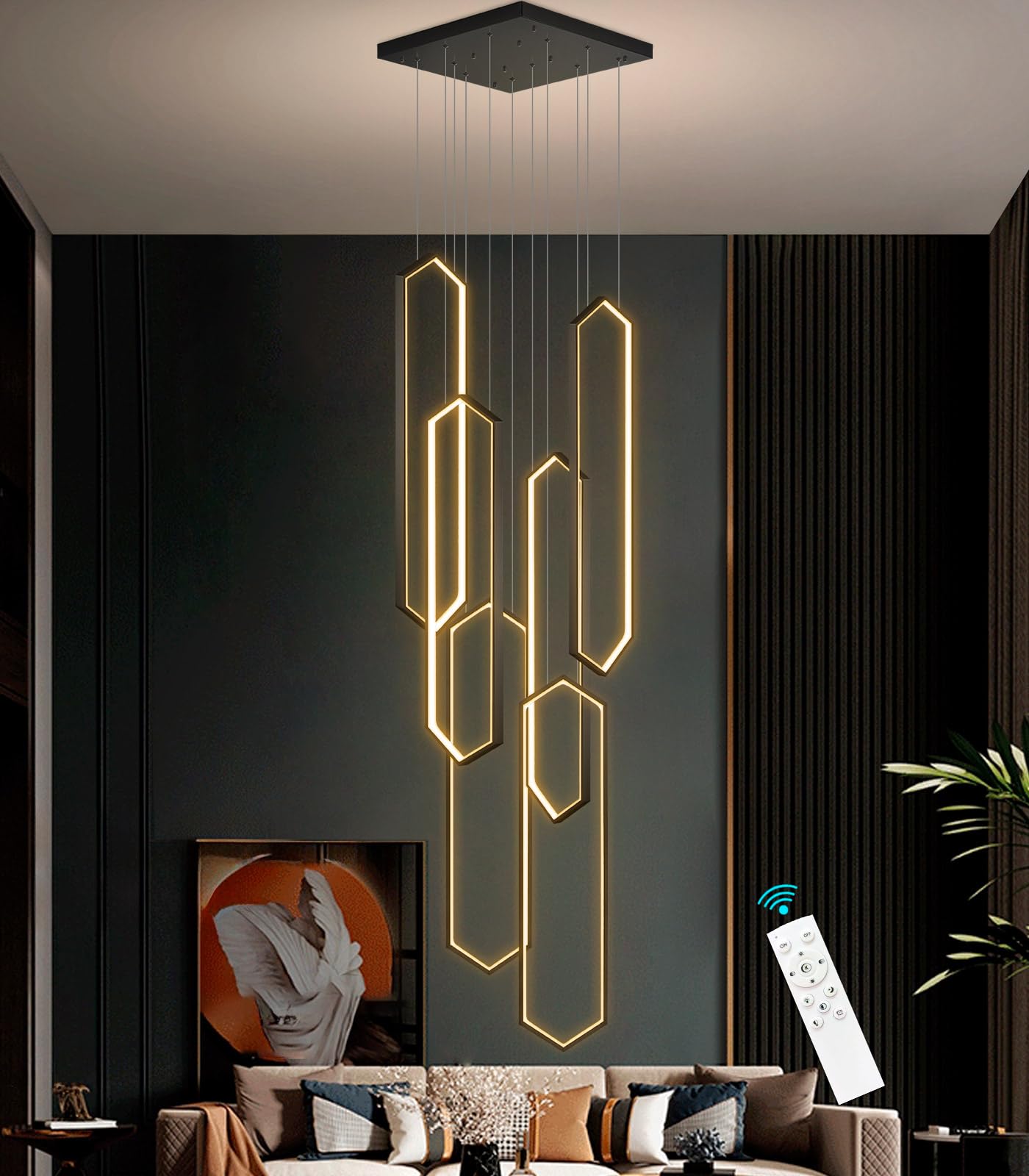 dolria 6-Rings Chandelier Modern, Black Contemporary LED Light for Living Room Entrance, Dimmable Flush Mount High Ceiling Chand