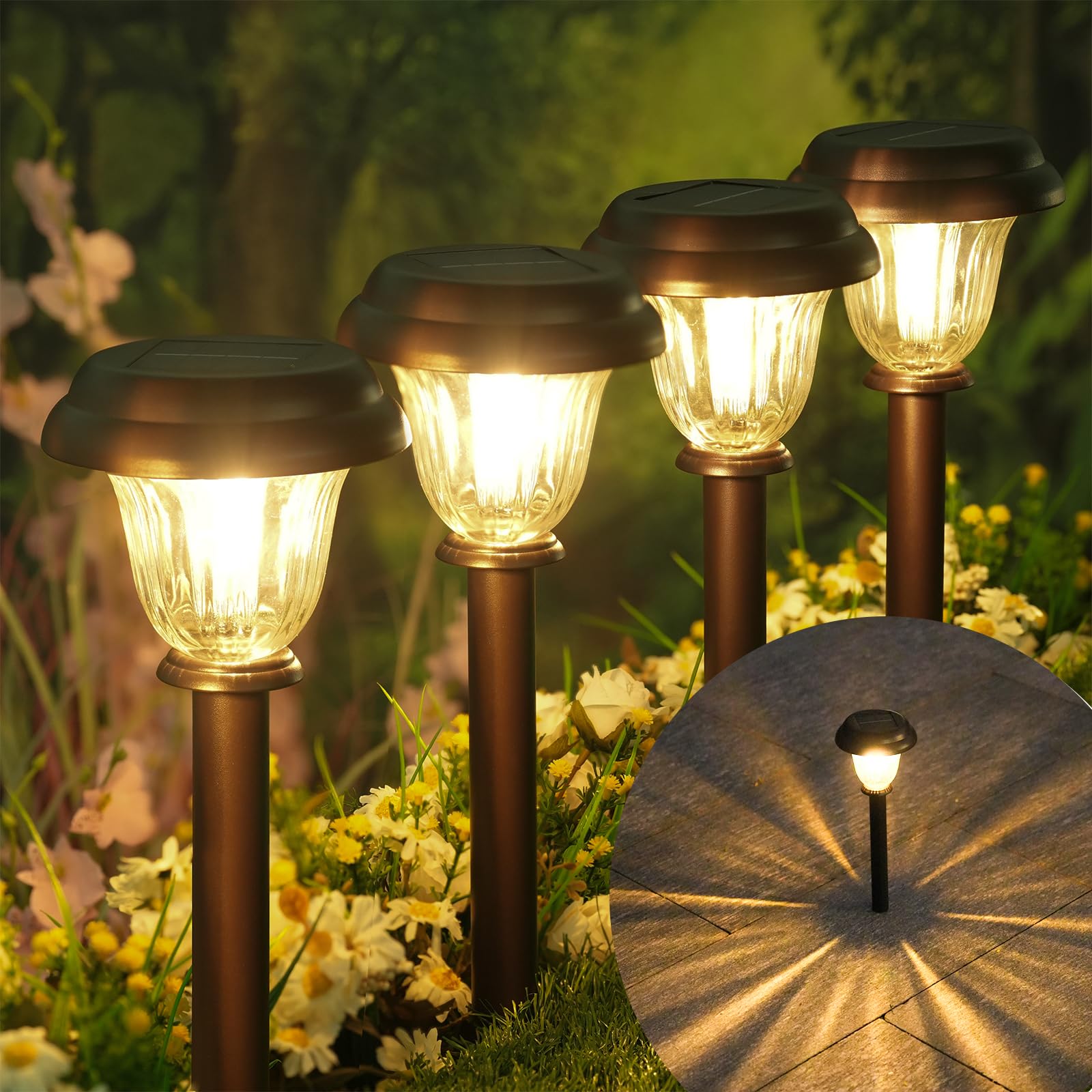 Deraysion 8 Pack Solar Lights Outdoor  Stainless Steel Glass Solar Pathway Lights  Auto On/Off Long-Lasting Waterproof Landscape Lighting For Garden  Landscape  Path  Yard  Warkway (Warm White)