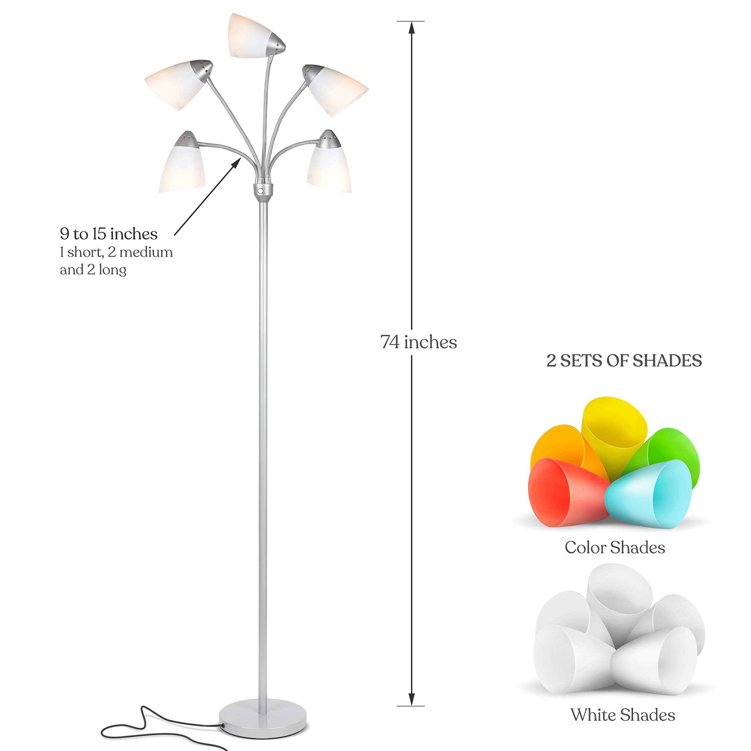 Brightech Medusa LED Floor Lamp - Multi-Head Dimmable, Adjustable, Metal, Platinum Silver
