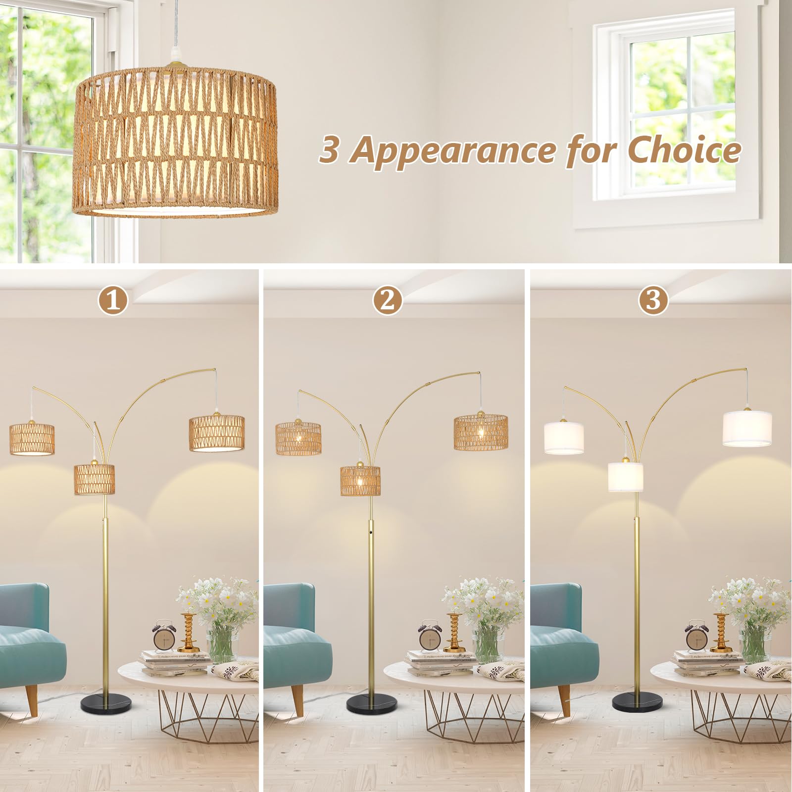 Modern Gold Floor Lamp For Bedroom, Arc Standing Lamp For Living Room, Dimmable Boho Rattan Tall Lamp, Farmhouse Floor Lamps For