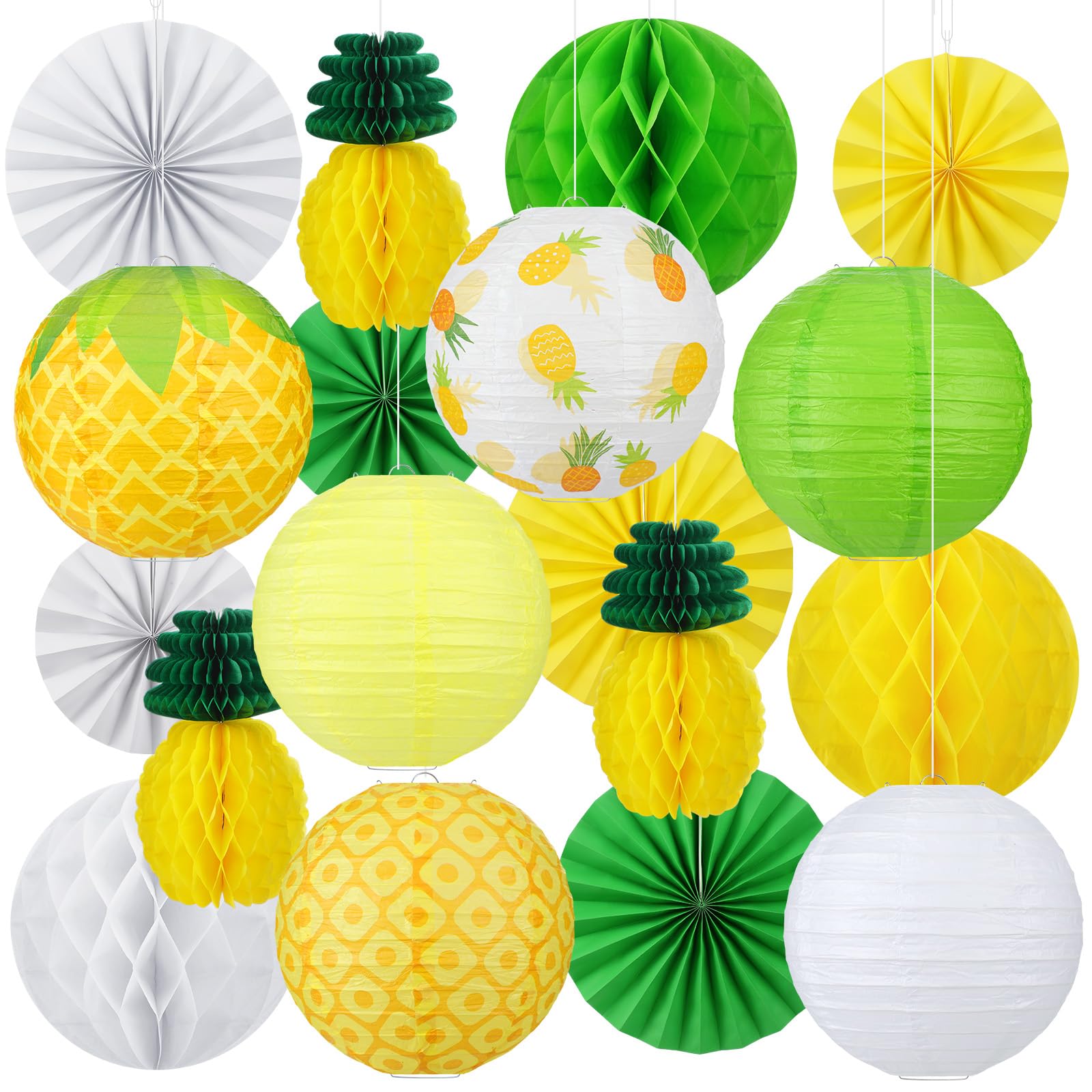 Retisee 18 Pcs Pineapple Party Decoration Yellow Pineapple Hanging Paper Lantern Honeycomb Fans Summer Fruit Honeycomb Ball for 