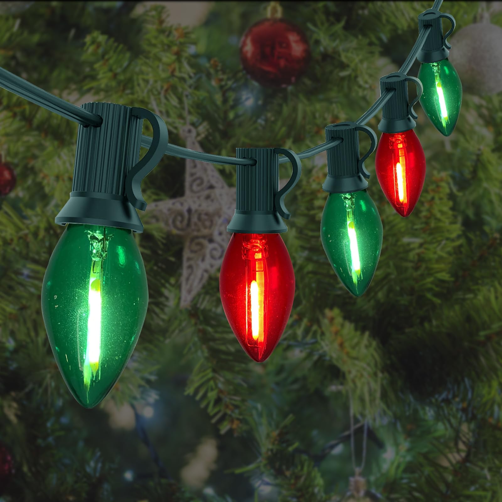 C7 LED Christmas Lights Multicolor 25Ft Outdoor Christmas Decoration Lights with 27 Red Green LED Bulbs, Vintage Christmas Light