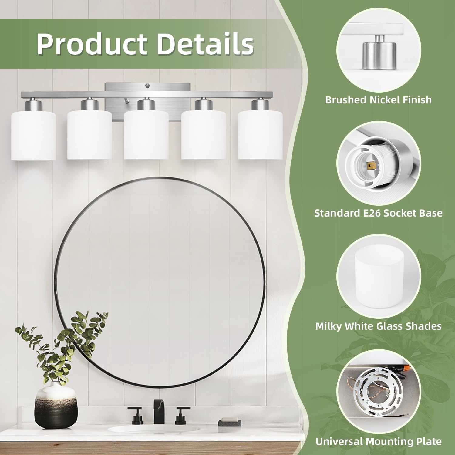 Silampdi 5-Light Bathroom Lighting Fixtures Over Mirror  Brushed Nickel Bathroom Vanity Light  Modern Rustproof Wall Sconce Lights  Milky White Frosted Glass Shades  E26 Base  Bulbs Not Included