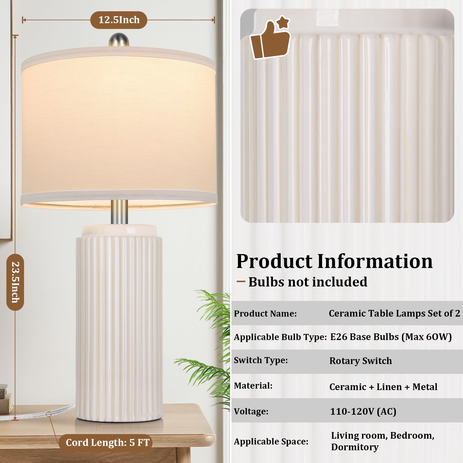TOBUSA Modern Ceramic Table Lamps Set of 2, Cream, 23.5’’ for Living Room, Vintage Bedside Lighting, Model TB0309
