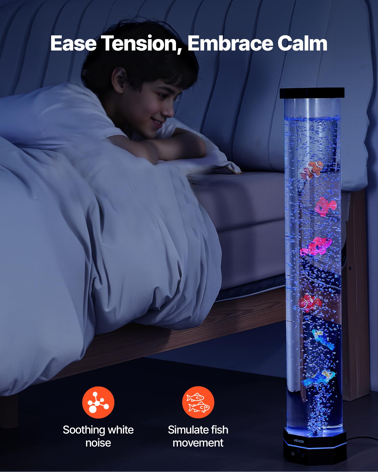 VEVOR Sensory Bubble Tube Lamp, 5 ft Plastic Bubble Fish Tube, Colorful with 10 Floating Fish & Remote Control, Model 8804B