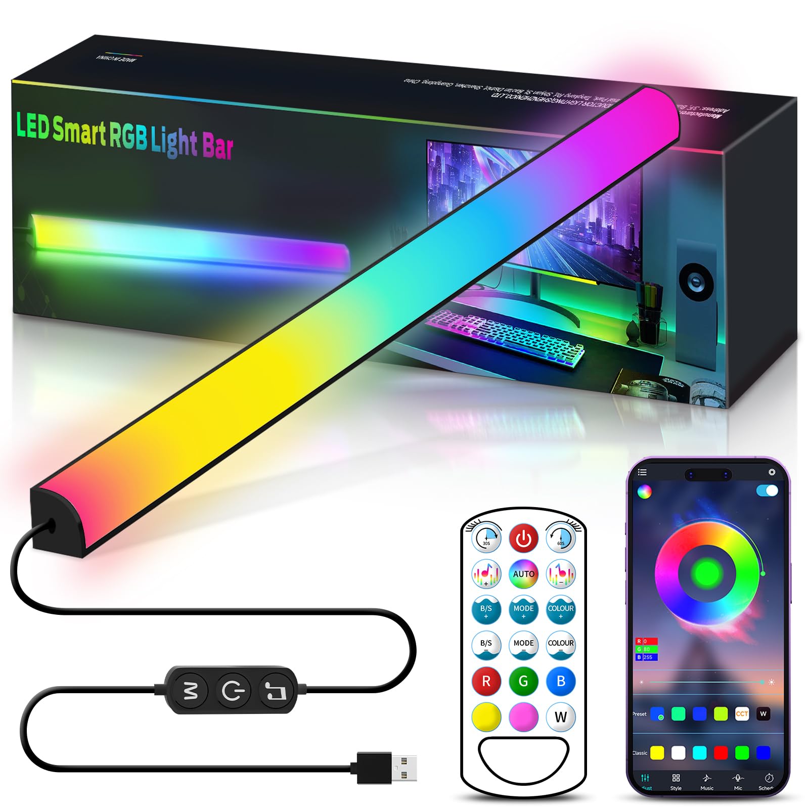 KANTUTOE Monitor Down Light Bar, RGB Screen Desk Light PC, Dimmable LED Dynamic Rainbow Effect, Adjustable Brightness, Speed and