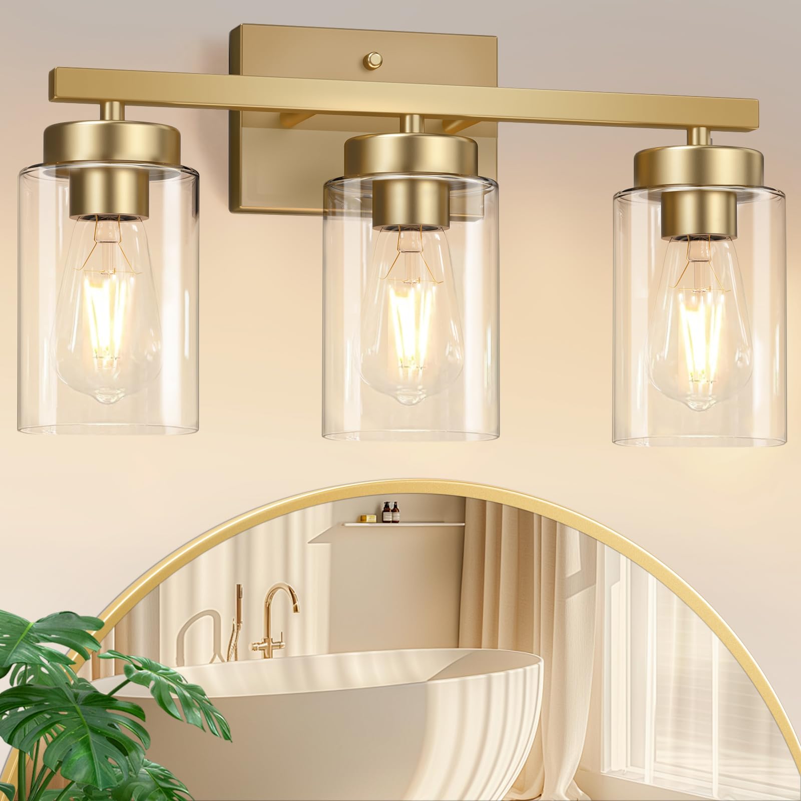 IZORRO Modern Bathroom Light Fixtures, 3 Light Brushed Gold Vanity Lights, Bathroom Lighting Fixtures Over Mirror with Clear Gla