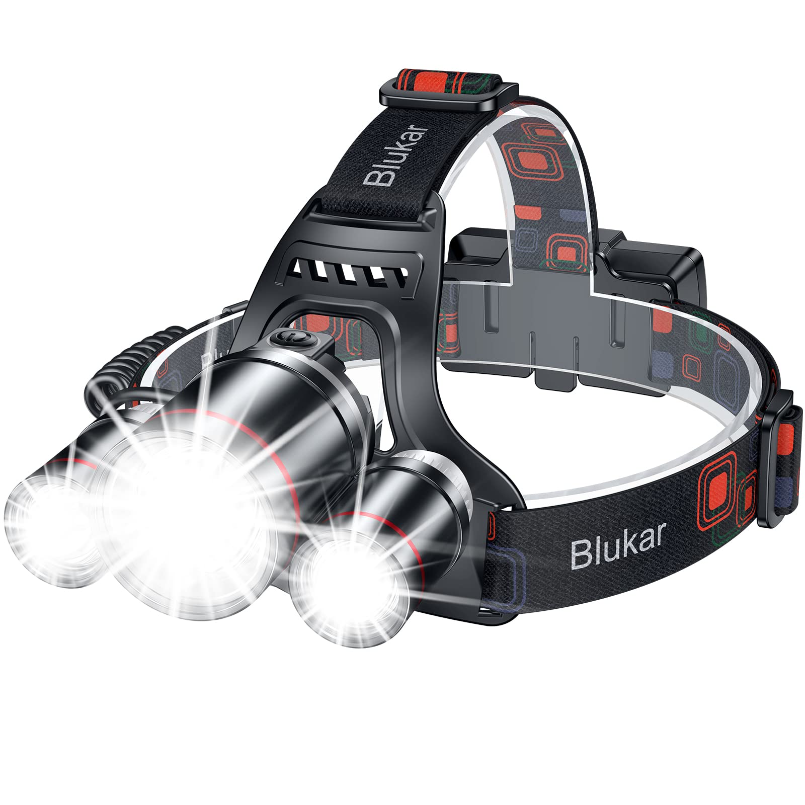 Blukar LED Headlamp - Super Bright Rechargeable, 3 Lights 5 Modes, IPX6 Waterproof, Standard Size, Black, Model K9116