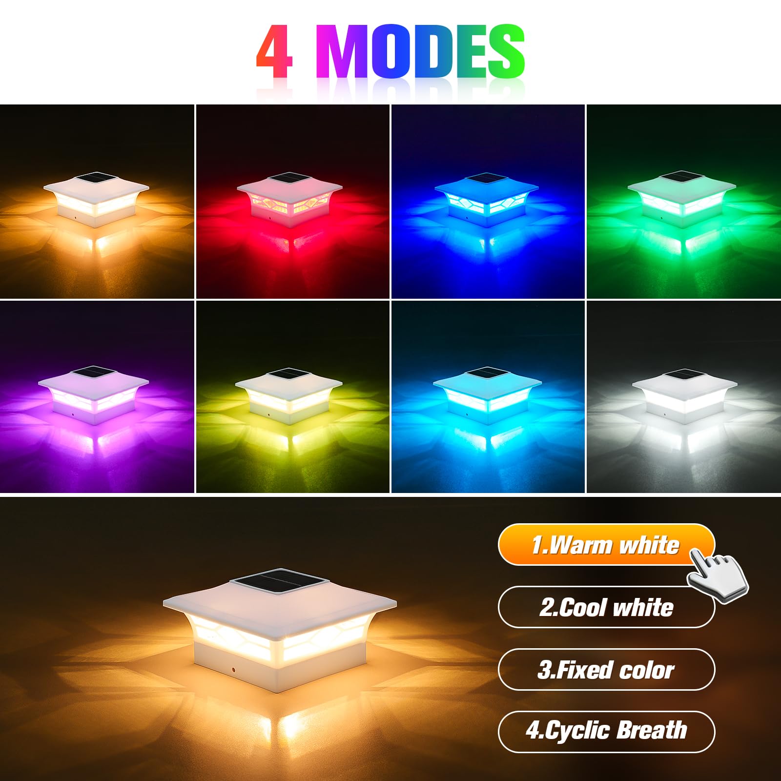 VOLISUN Solar Fence Post Cap Light - Waterproof RGB Color Changing, 8 Pack, White, for 4x4/6 Wooden or Vinyl Posts, Patio Deck Garden Decor