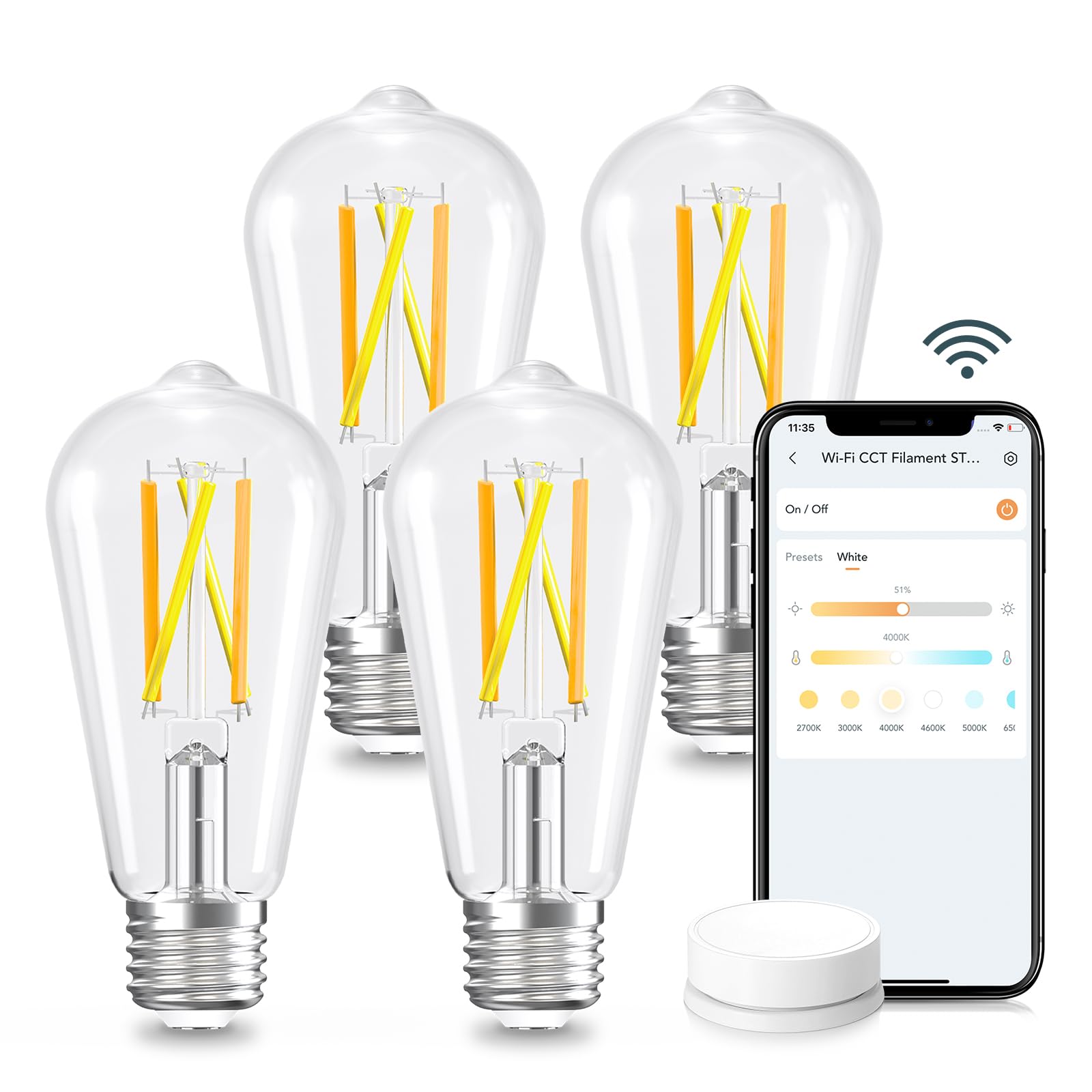 Linkind E26 Smart Edison Bulbs, 2700K-6500K Tunable Wifi Edison Bulbs With Remote Control, 8W 60W Equivalent Dimmable St19 (St58