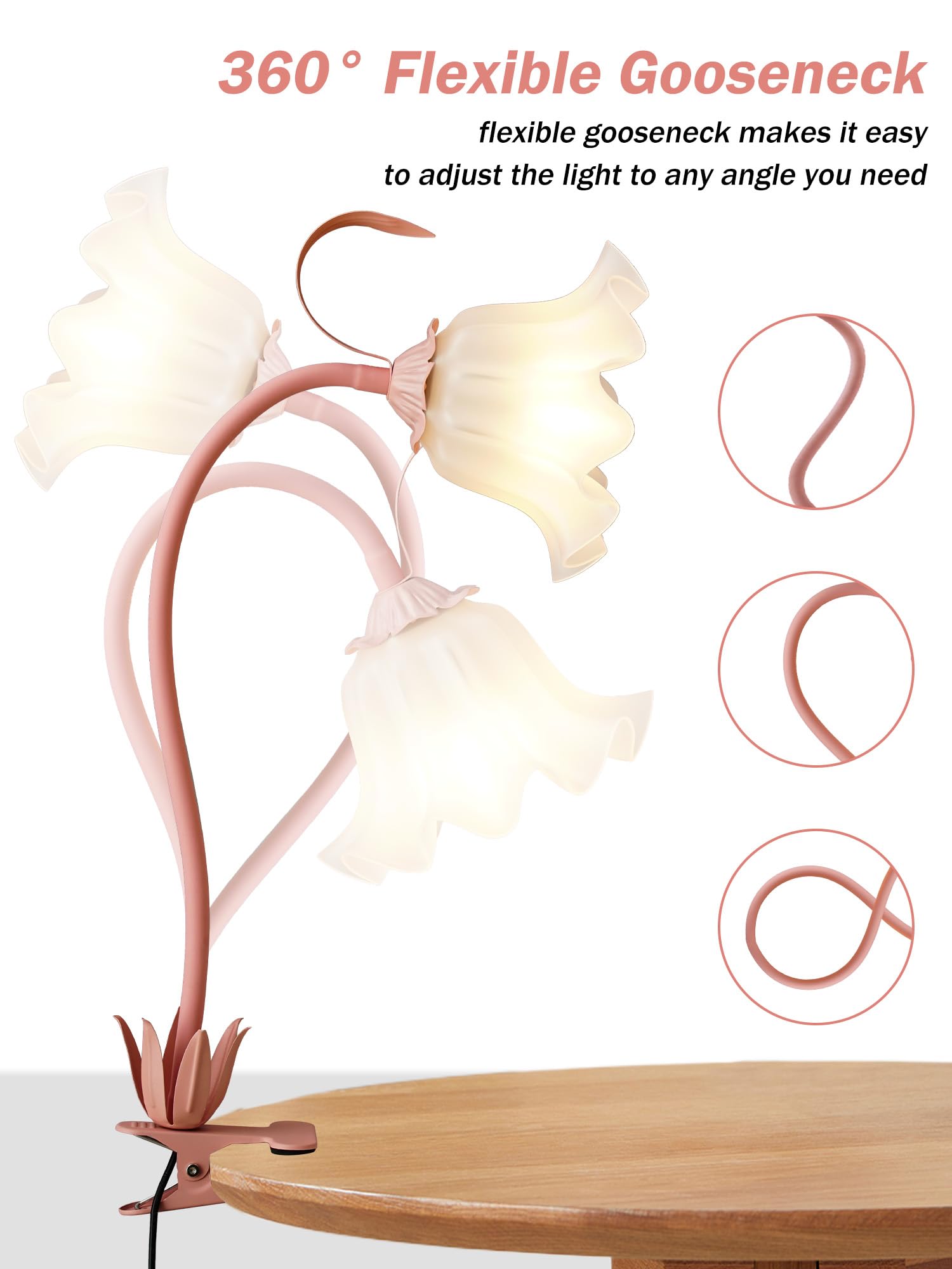 DSYHYL Flexible Gooseneck Desk Lamp - 3 Color Modes, Eye-Care LED Light, Pink, Clip-On for Bed, Study, Office, Model: fenjiazi