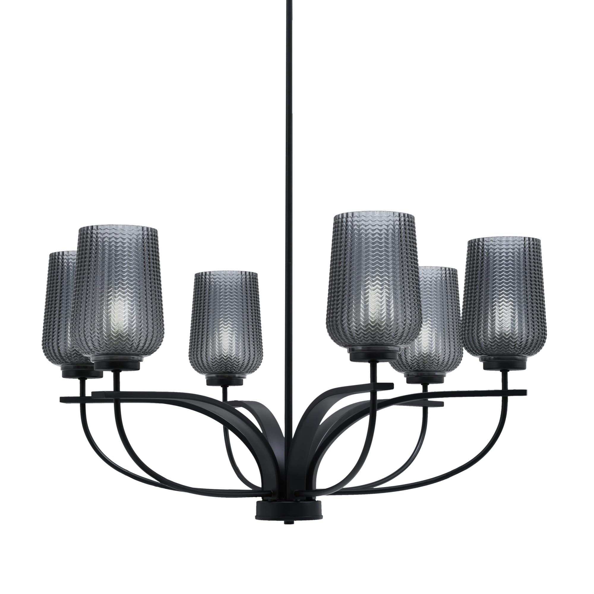 Toltec Lighting Cavella 6 Light Chandelier Shown In Matte Black Finish With 5" Smoke Textured Glass