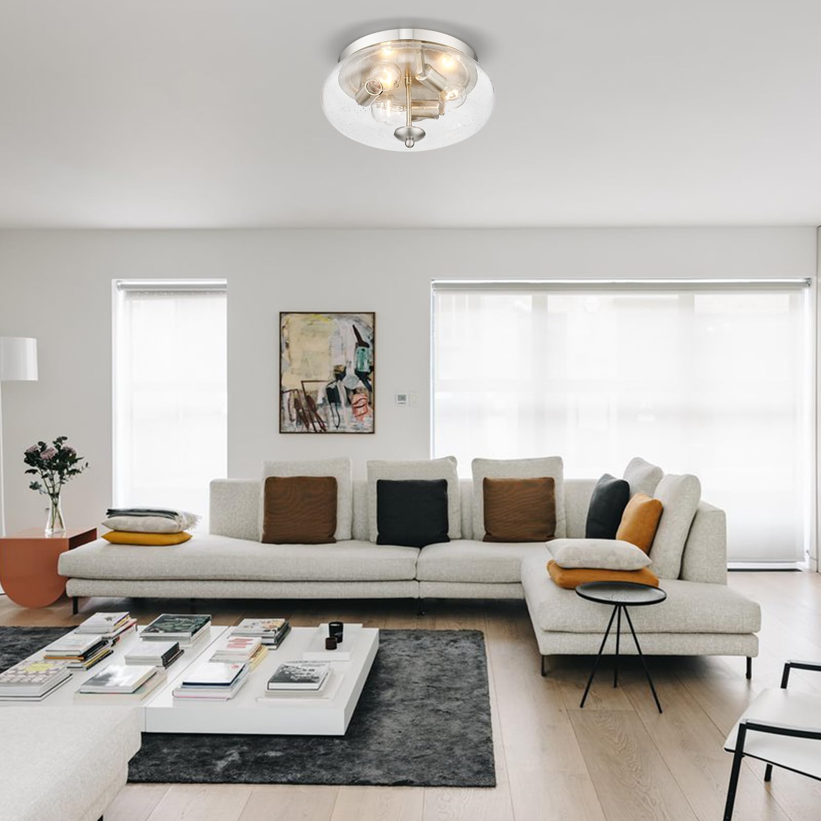 Darkaway Ceiling Light Fixture, 3-Light Flush Mount, Nickel Finish, Seeded Glass Shade, 13.38 inch, Model 6T1F