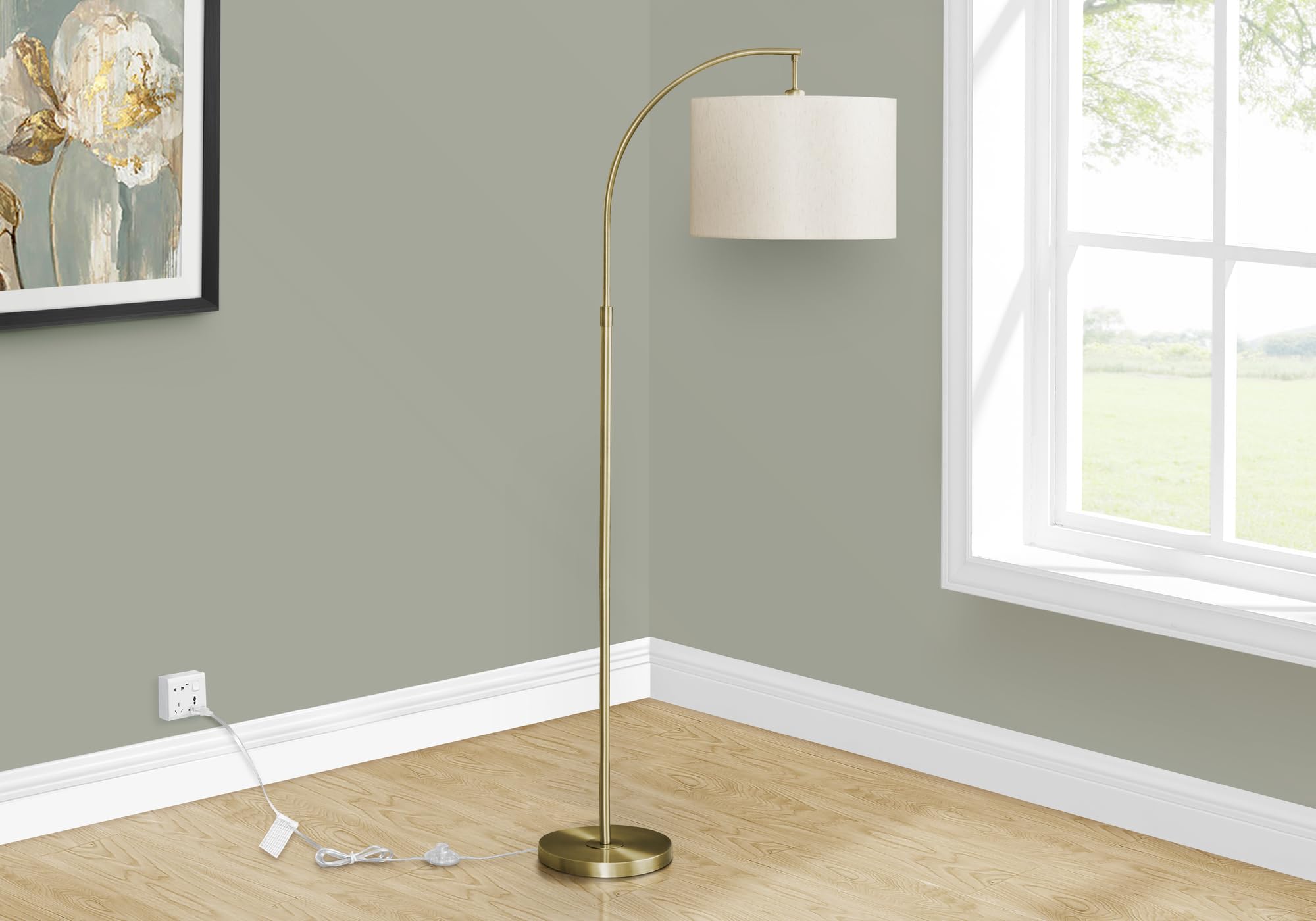 Monarch Specialties 9750 Cream Shade, Contemporary Lighting Arc Floor Lamp Brass Metal Ivory, 26.25&quot; L X 16&quot; W X 65&quot; H, Gold