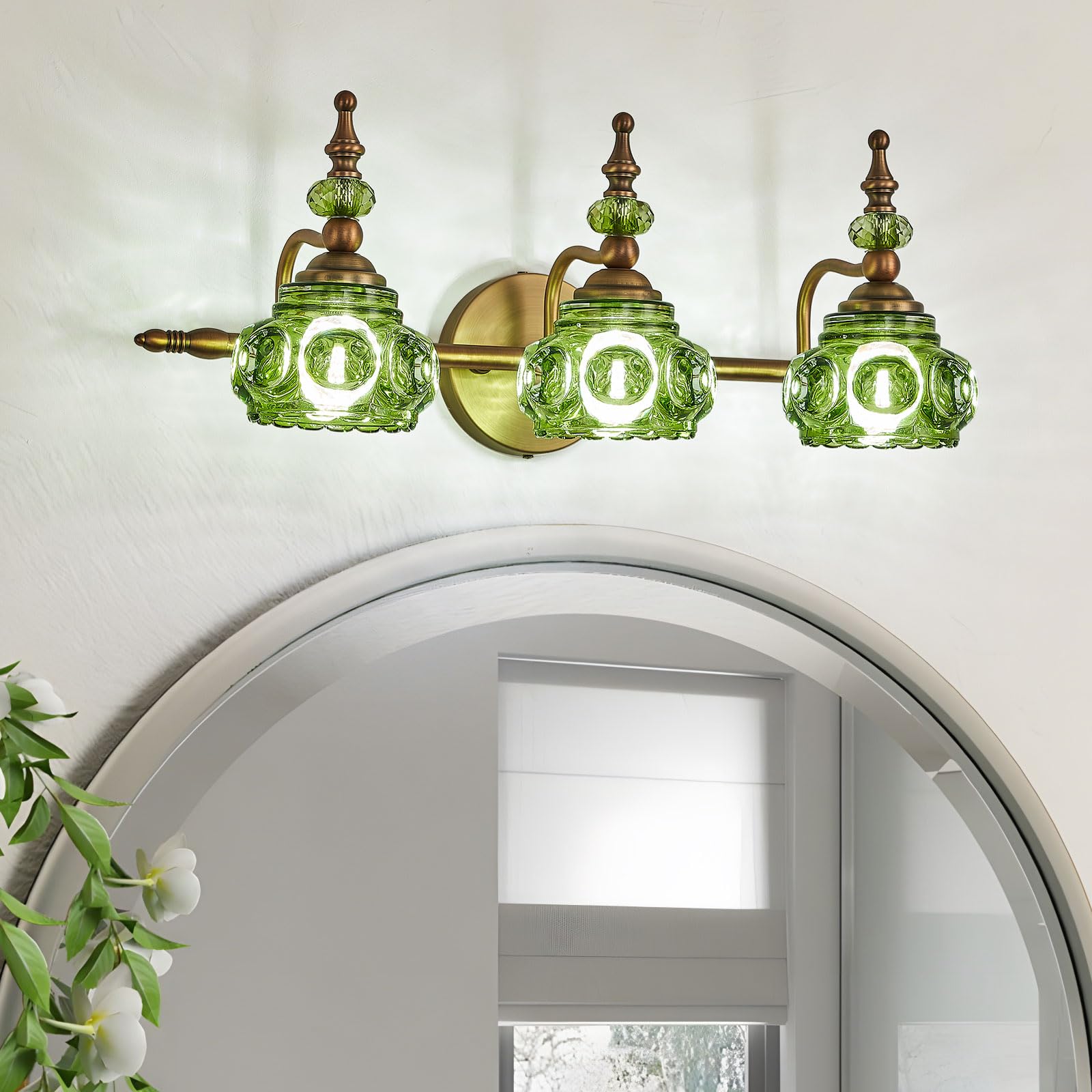 ZILANL 3-Light Vintage Bathroom Vanity Light Fixture, Modern Brass Sconces with Green Glass Shade, CLLZ-3