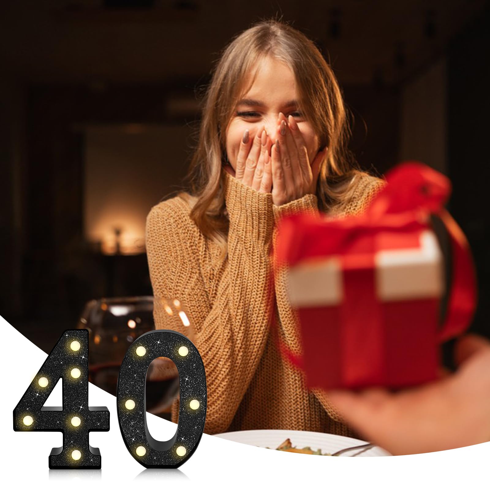 8.7In 40Th Birthday Decorations Gifts For Her Him  Light Up Numbers Decorative Sign For 40Th Birthday Wedding Work Anniversary Backdrop Table Wall Decor(Black)
