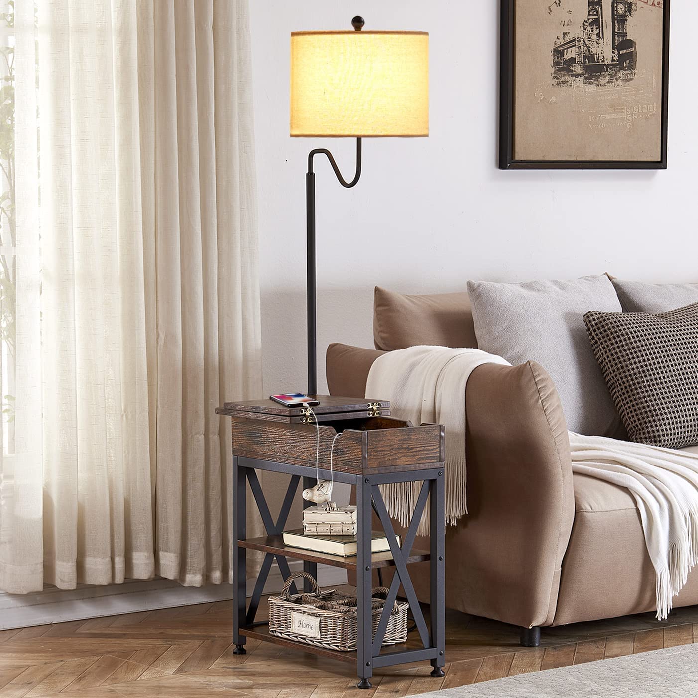 Dungoo Floor Lamp with Table, Narrow End Table with Lamp, Bedside Nightstand with USB & Type-C Ports and 2 Outlets, Rustic Side 