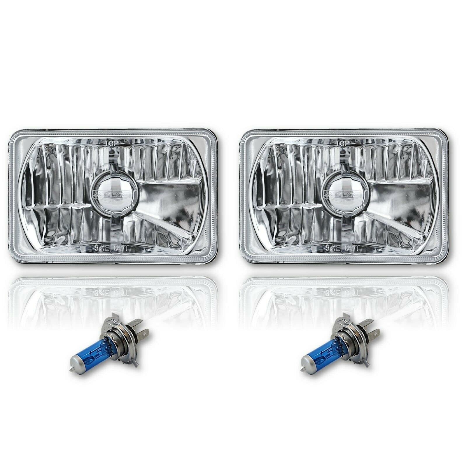 Octane Lighting 4X6 Diamond Crystal Clear Glass Lens Metal Headlight H4 Light Bulb Headlamp Pair