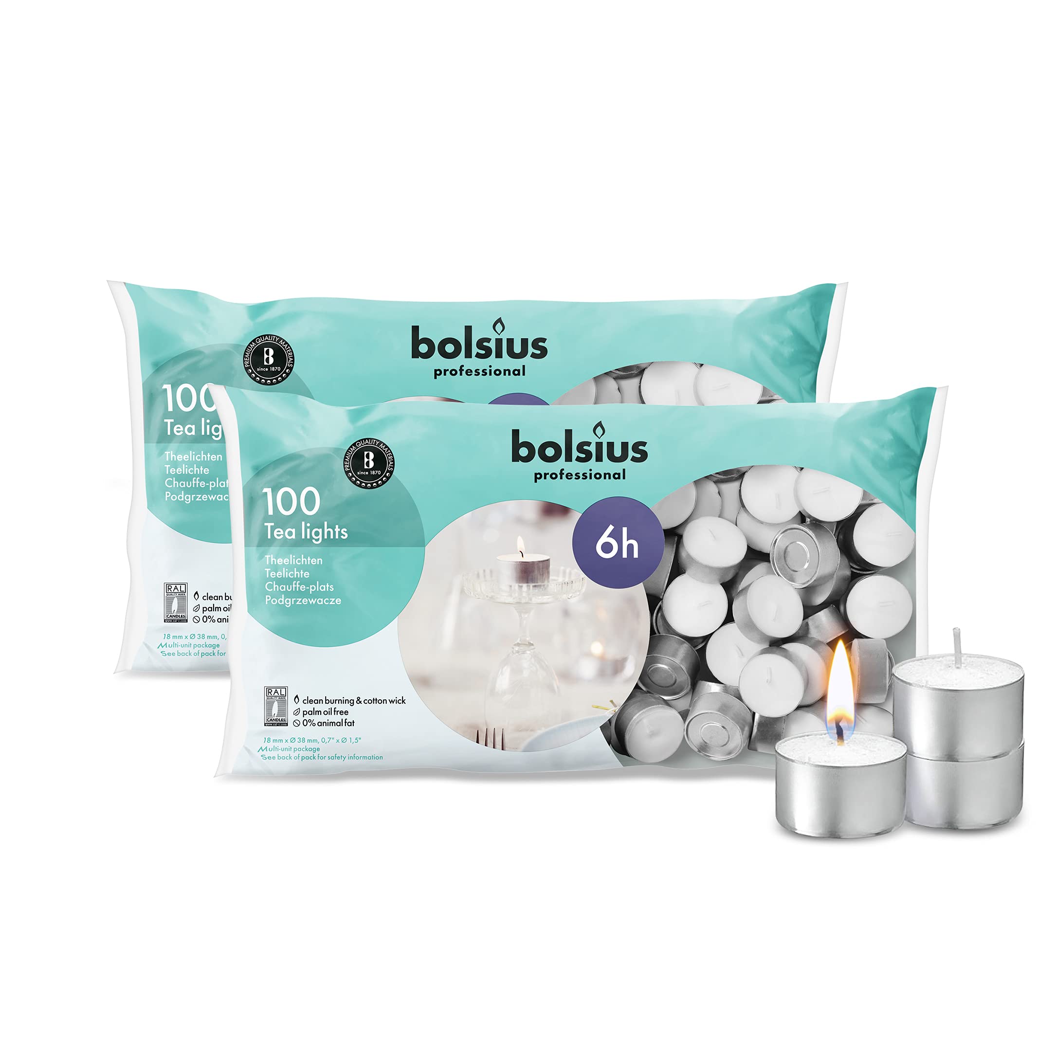 BOLSIUS Tea Lights Candles - White Unscented Wax - 200 Pack - 6 Hour Burn Time - Ideal for Weddings, Home, Parties