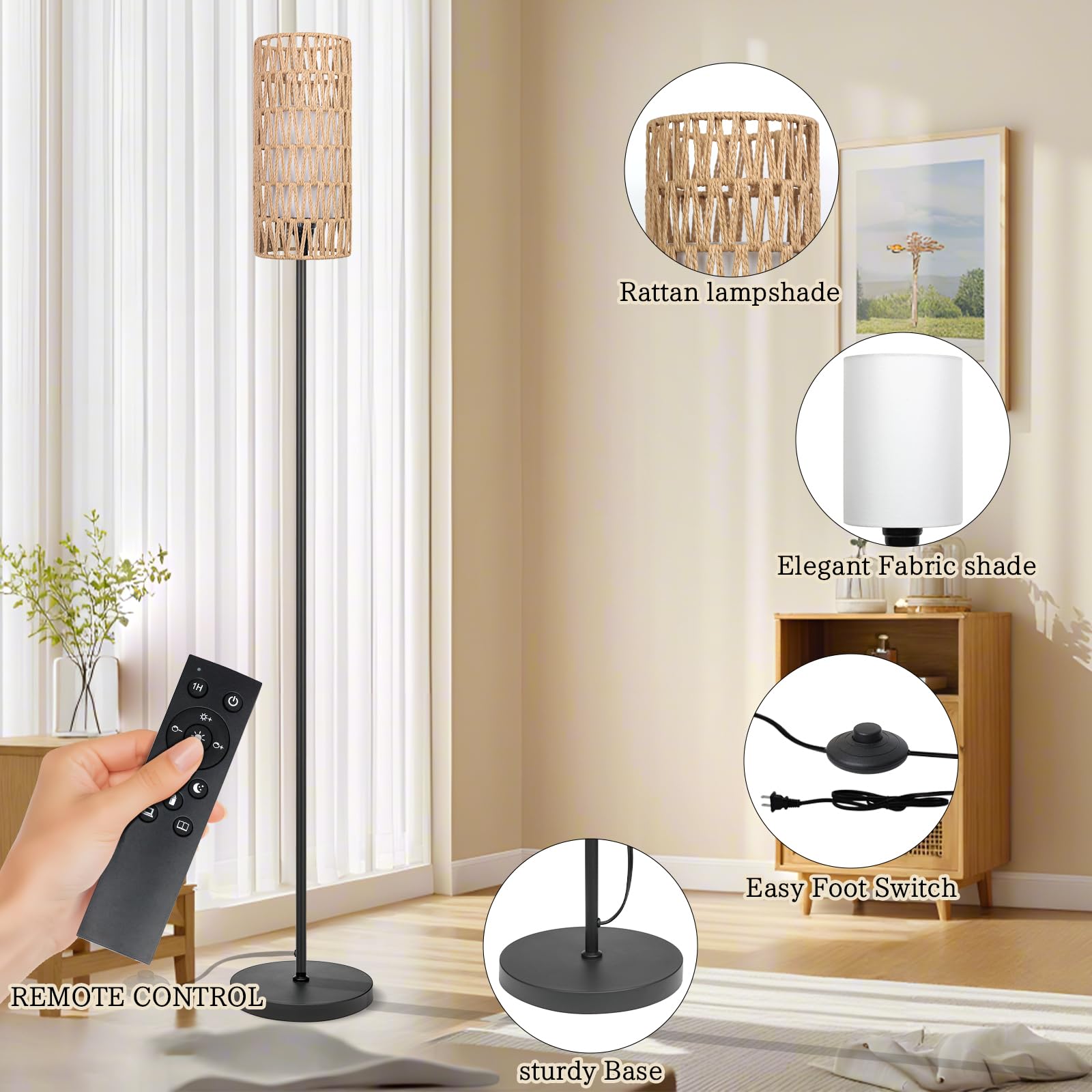 Ruiever Floor Lamp - Modern Rattan Standing Lamp with Dimmer LED Bulb, Mini Size, Black, Remote Control, Model FL-NATURAL SHADE