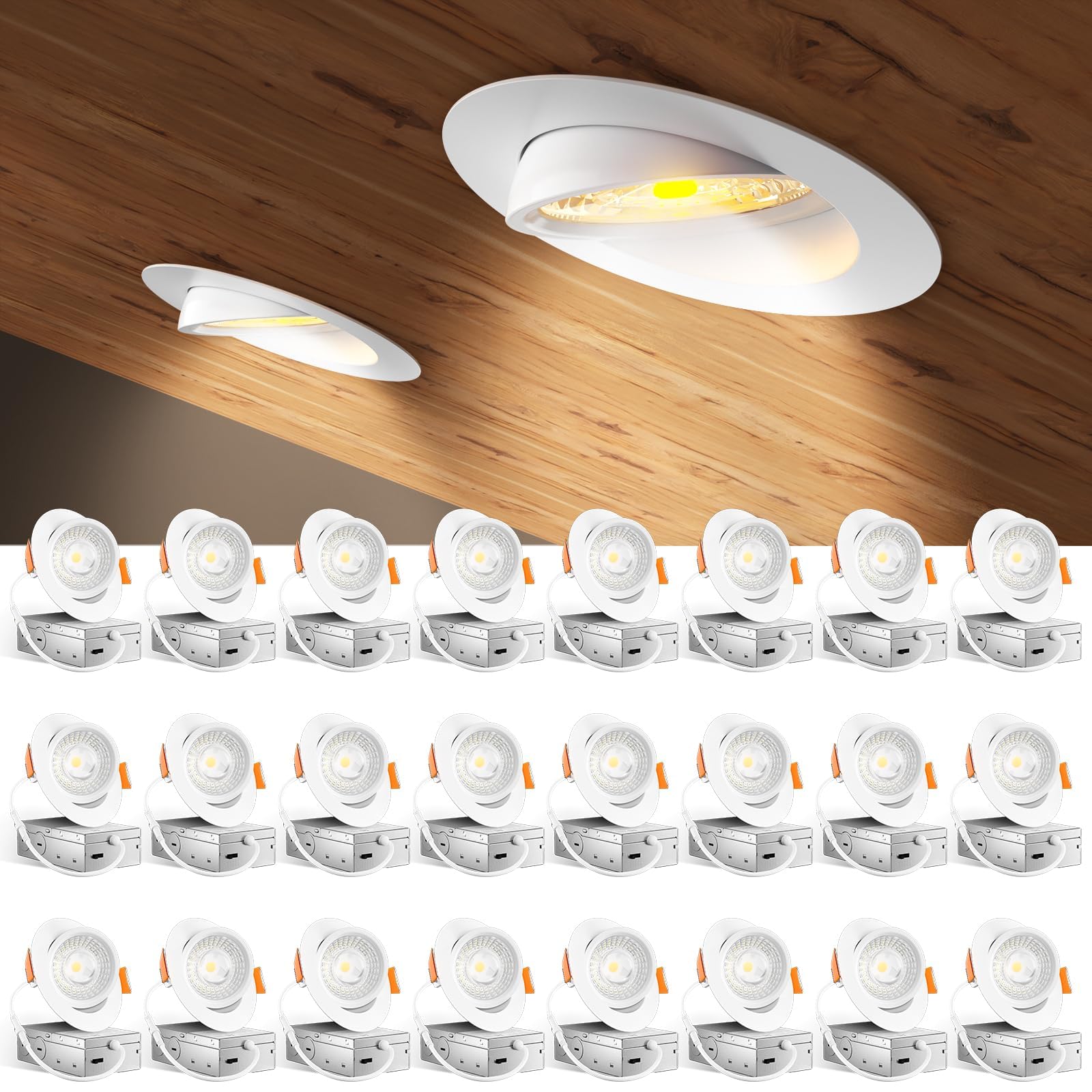 Amico 24 Pack 4 Inch 5CCT Gimbal LED Recessed Lighting, 360&90 Adjustable Eyeball Directional Downlight, Dimmable, 2700K/3000K/3