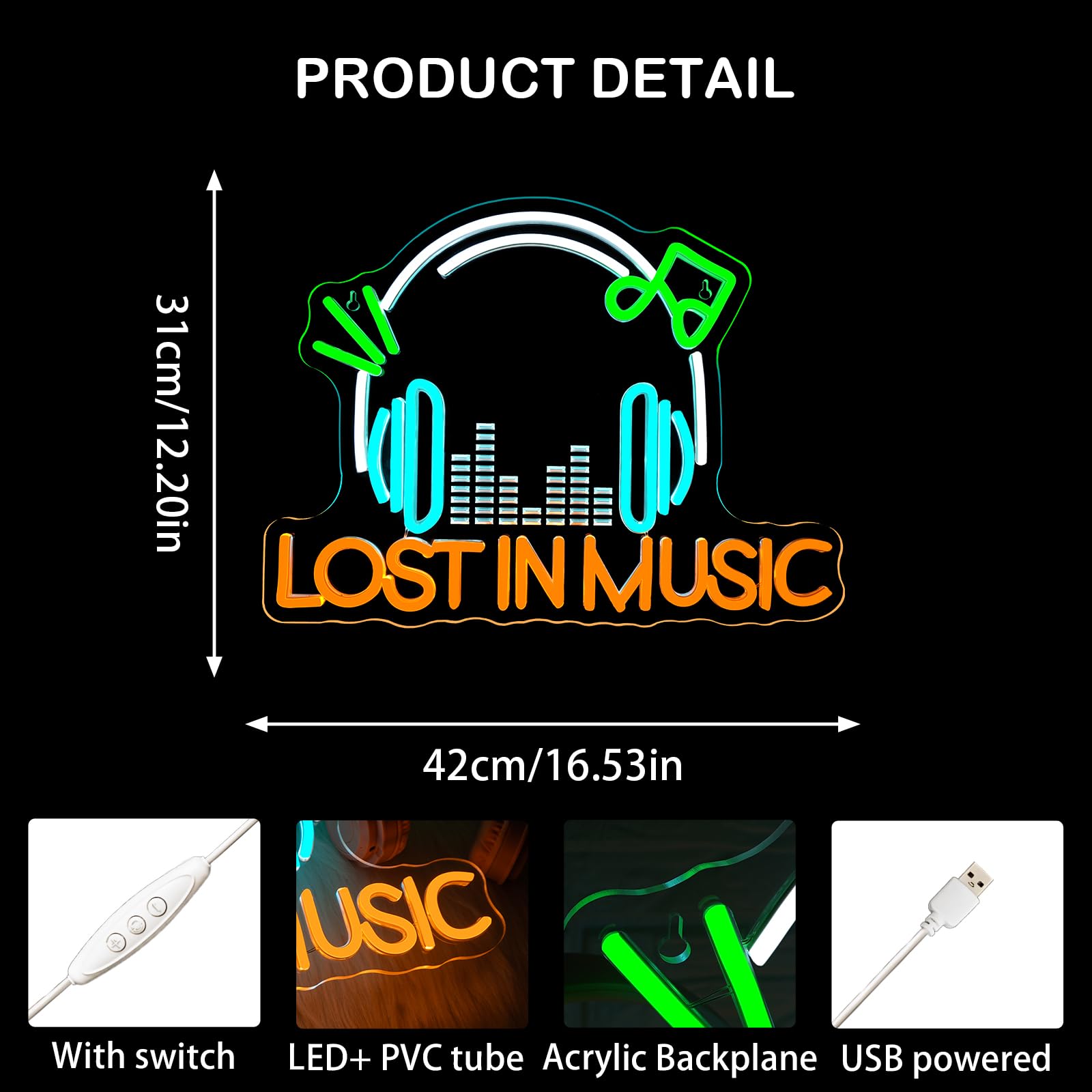 Looklight Live Music Neon Sign Lost In Music Neon Signs For Wall Decor Led Lights For Studio Disco Party Karaoke Bar Club Pub Rock And Roll Bedroom Decorations Gifts