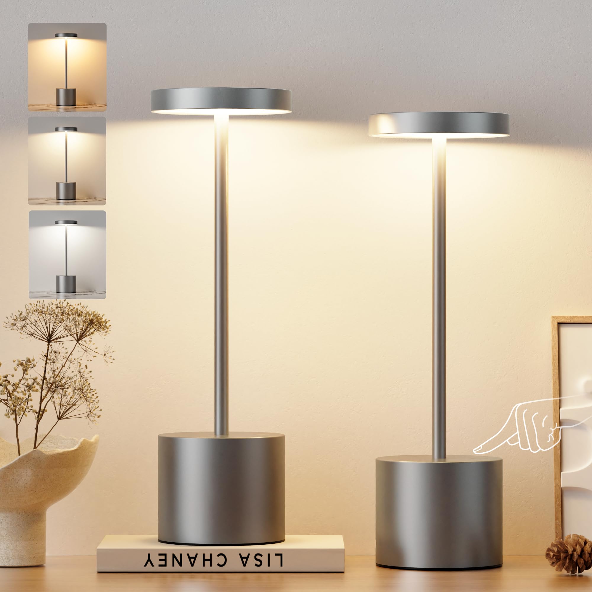 Kakanuo Grey Rechargeable Cordless Lamp - Touch Control, 3 Color Temperature, Wireless Battery Operated Lamps, Stepless Dimmable