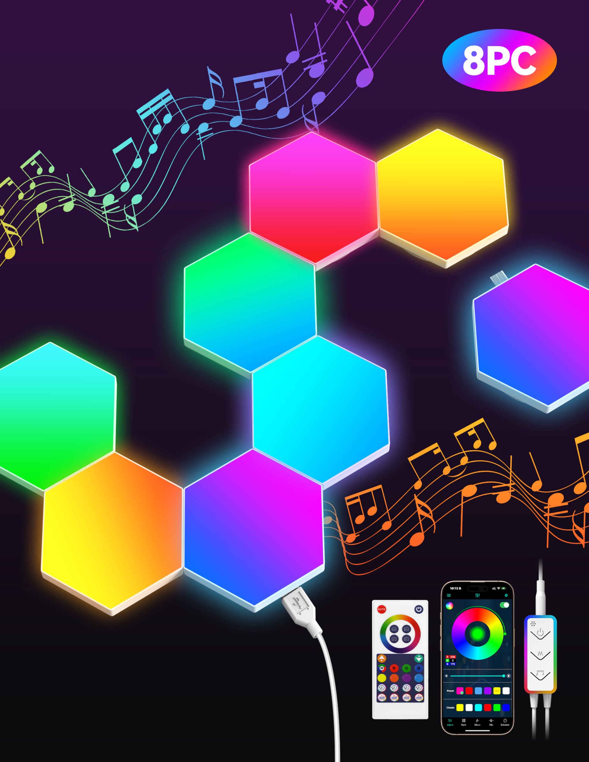 TECKNET Hexagon Light Panel - 8 Pack Smart APP RGB Hexagon LED Lights Wall Lights with Remote Control & Music Sync for Halloween