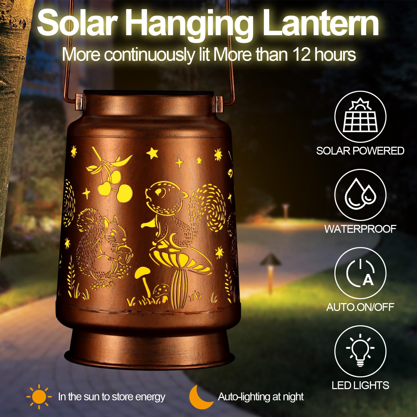 Solar Lantern Outdoor Hanging Waterproof Outside Metal Openwork Hummingbird Pattern Birthday Gifts For Women Mom Landscape Lights For Porch Garden Yard Patio Pathway Decor(Squirrel)