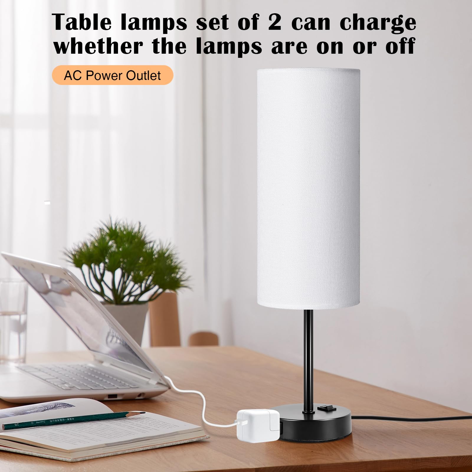 Zjojo Table Lamp For Bedroom 2 Pack,18In Bedside Lamps With 3 Way Dimmable Rocker Switch & Ac Outlet,Nightstand Desk Lamp With W