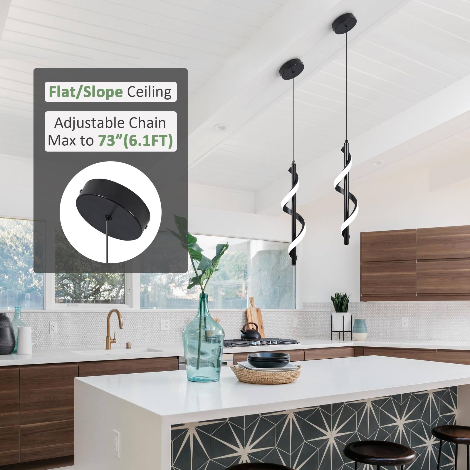 13W Modern Spiral Led Pendant Light Fixture, Cold White 5500K Minimalist Integrated Led Hanging Lamp, Adjustable Hanging Island