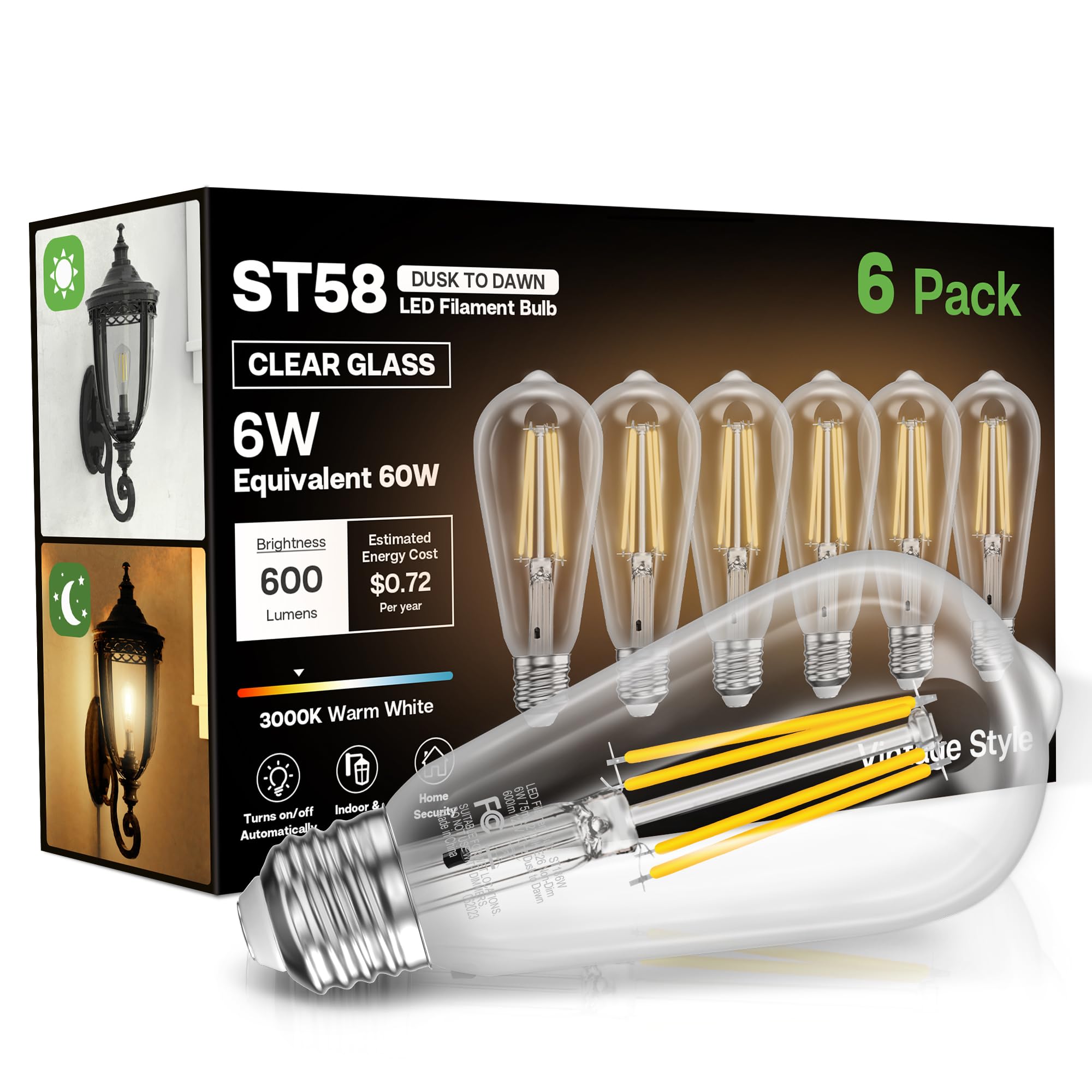 Eastiya Dusk to Dawn Light Bulbs  6W Equivalent 60W  Soft White 3000K  E26 Base  Light Sensing  ST58 Vintage Style  600LM  Outdoor Edison Bulbs  Automatic Light Bulbs for Porch Patio Garage  6 Pack