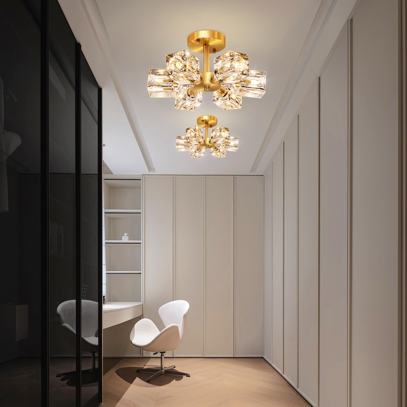 Semi Flush Mount Ceiling Light Fixture Modern 6 Lights Gold Crystal Chandelier,Brushed Nickel Sputnik Chandeliers For Hallway En