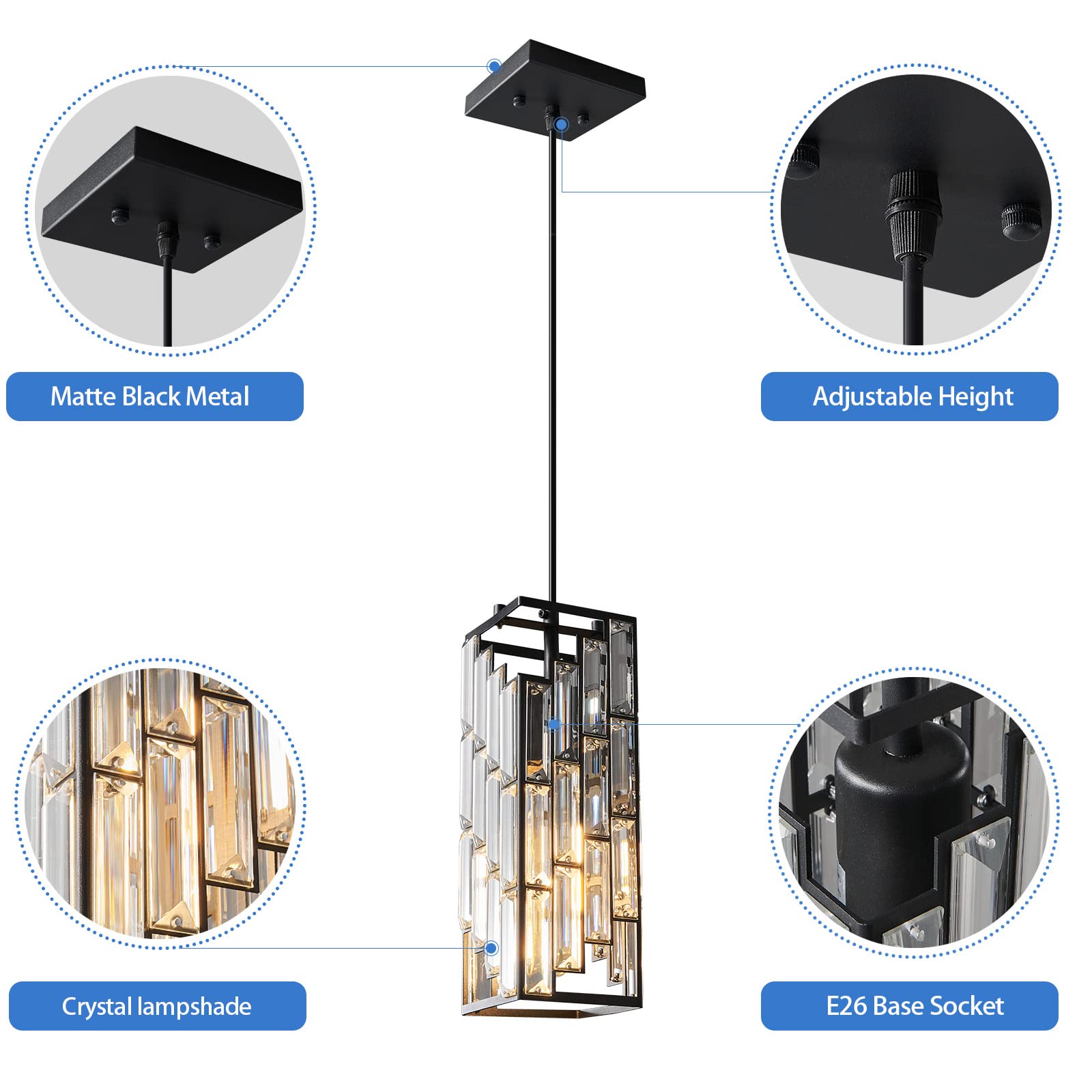 FDPBY Mini Crystal Pendant Light Fixture, Adjustable Black Chandelier, 3-Pack for Kitchen Island, Dining Room, Bedroom - Model JP-002