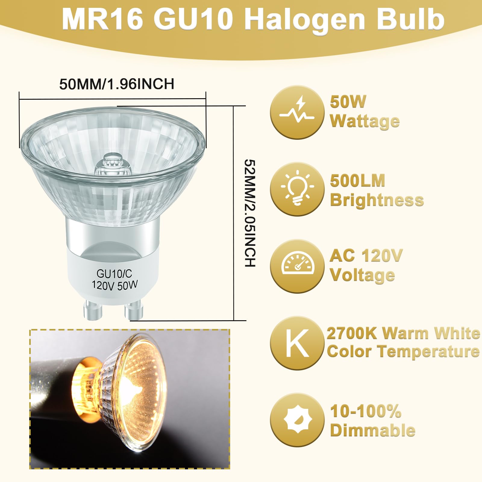 Dumiloo Gu10 Halogen Bulb 120V 50W Halogen Light Bulbs For Candle Warmer Lamp, Track & Recessed Lighting, Range Hood, Mr16 With
