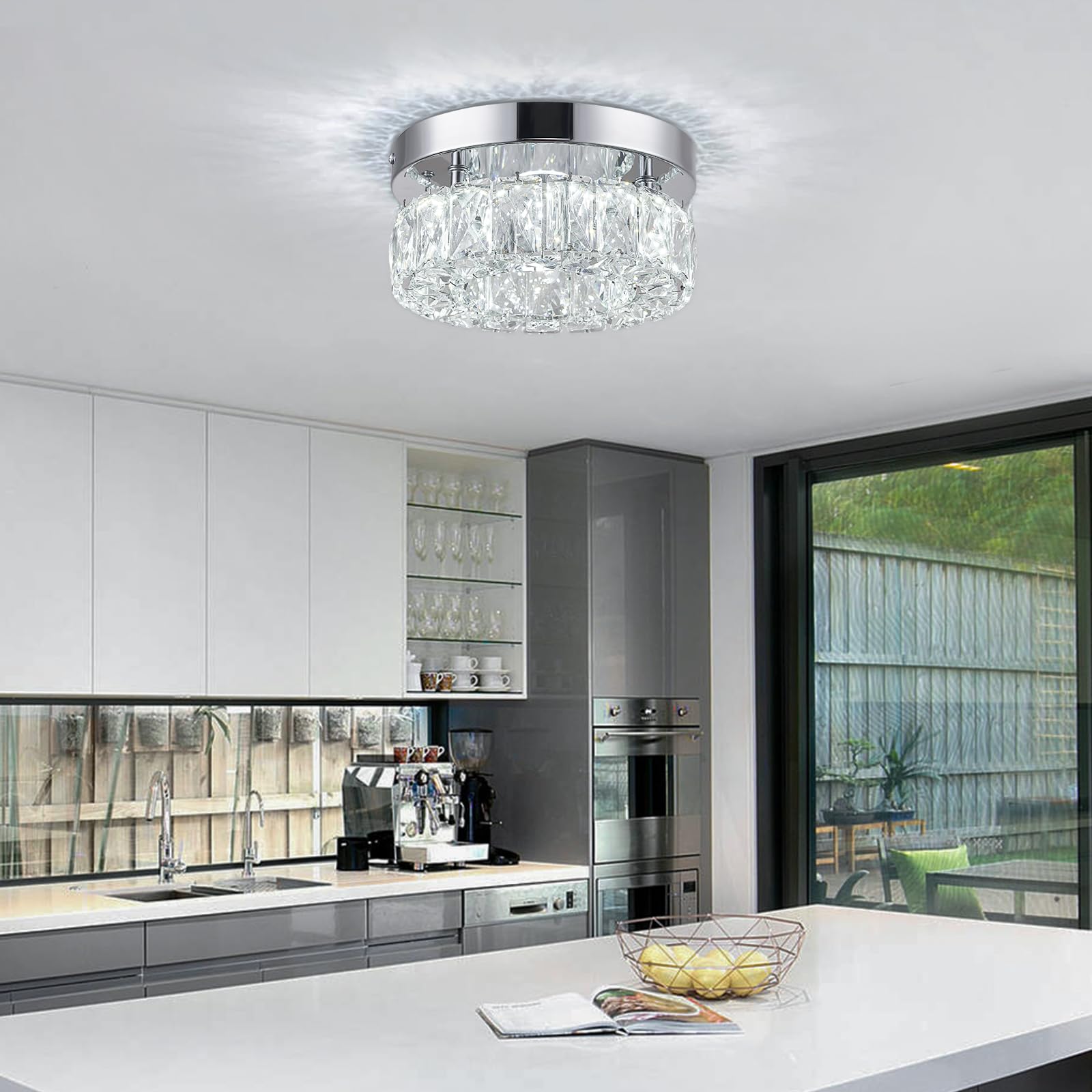 7.9 Inch Modern Mini Crystal Chandelier Led Flush Mount Ceiling Light - 16W 6000K Cool White, Round Crystal Lamp For Hallway, Ki