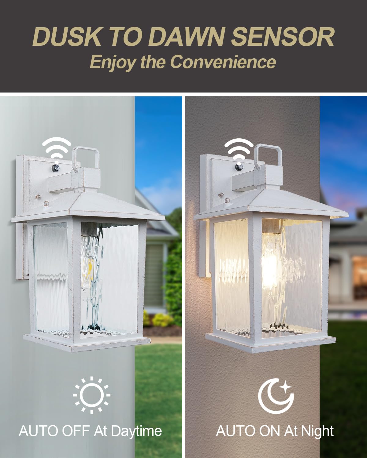 Zillsea Dusk To Dawn Outdoor Porch Light, Distressed White Exterior Lighting Fixture With Water Ripple Glass, Rustproof Waterpro