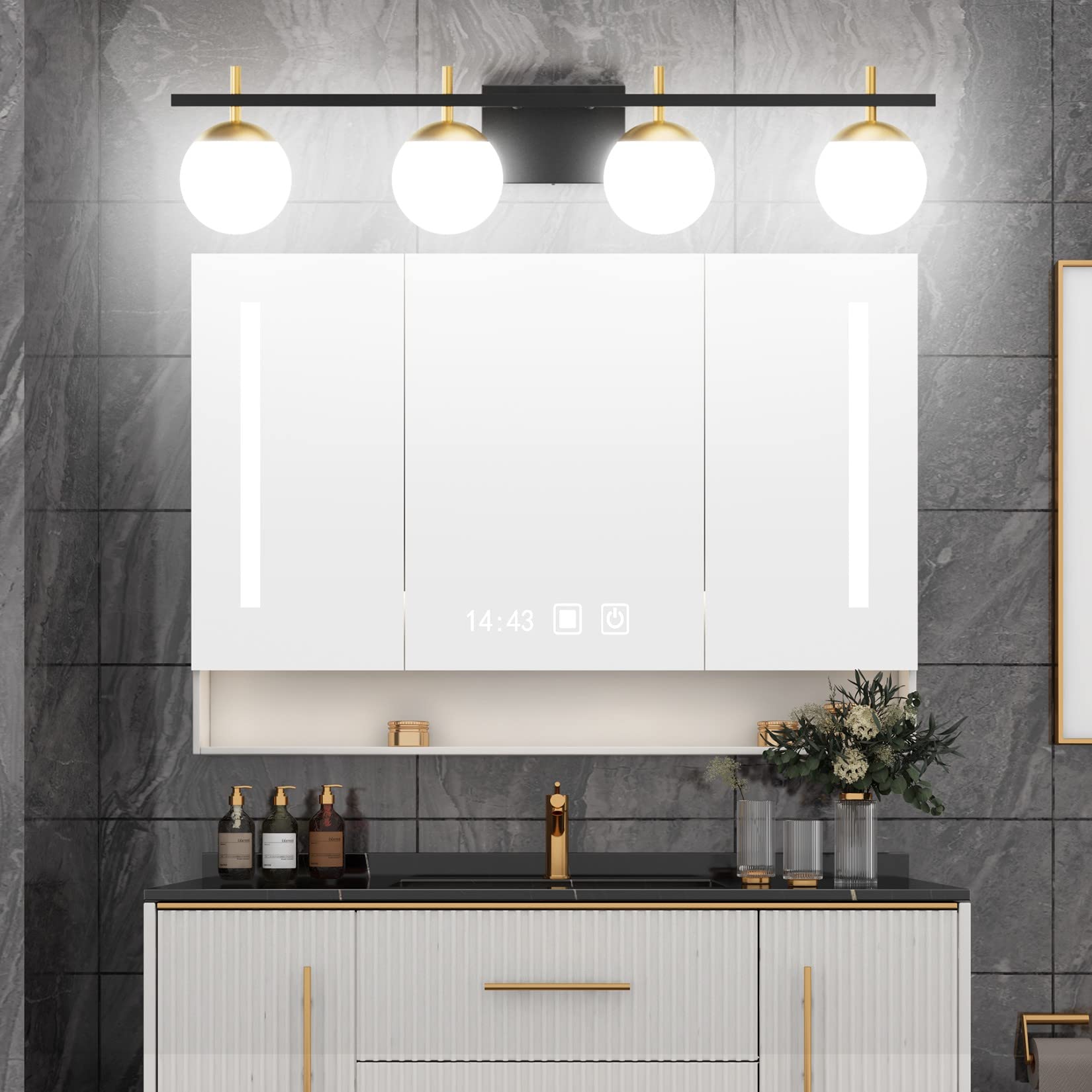 Ralbay Mid Century Modern 4-Light Vanity Light Fixture, Black/Gold, Metal, Model 1100, Milky Glass, Bathroom Over Mirror Lighting