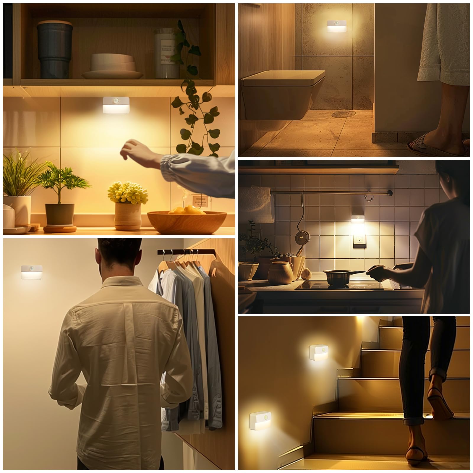 Guankai 16 Pack Motion Sensor LED Stair Lights, Battery Operated, Warm White, Plastic, Model 0003A5, Stick-On Night Lamps for Indoor Use