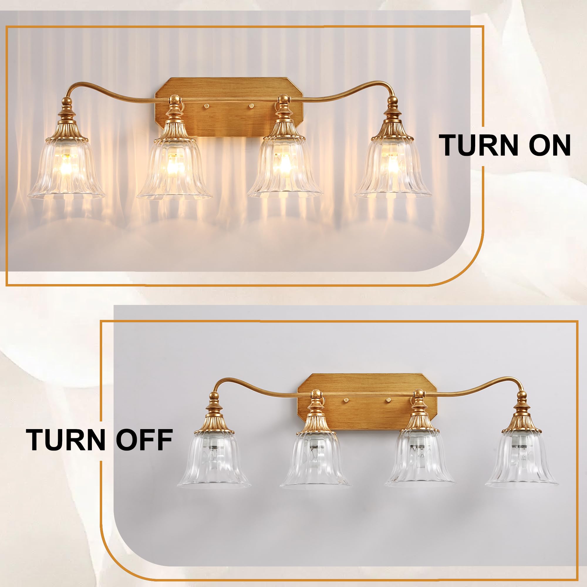 LmnLvn Bathroom Vanity Light Fixture, 4 Lights, Gold Antique Brass with Crystal Shade, Vintage Bathroom Lighting