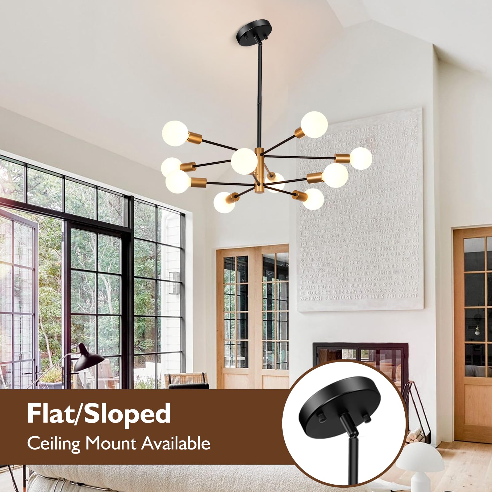 Sheetea 10-Light Sputnik Chandelier, Black And Gold Chandeliers Pendant Lighting, Modern Farmhouse Dinning Room Light Fixture Mid Century Brass, Height Adjustable For Living Room Kitchen Island